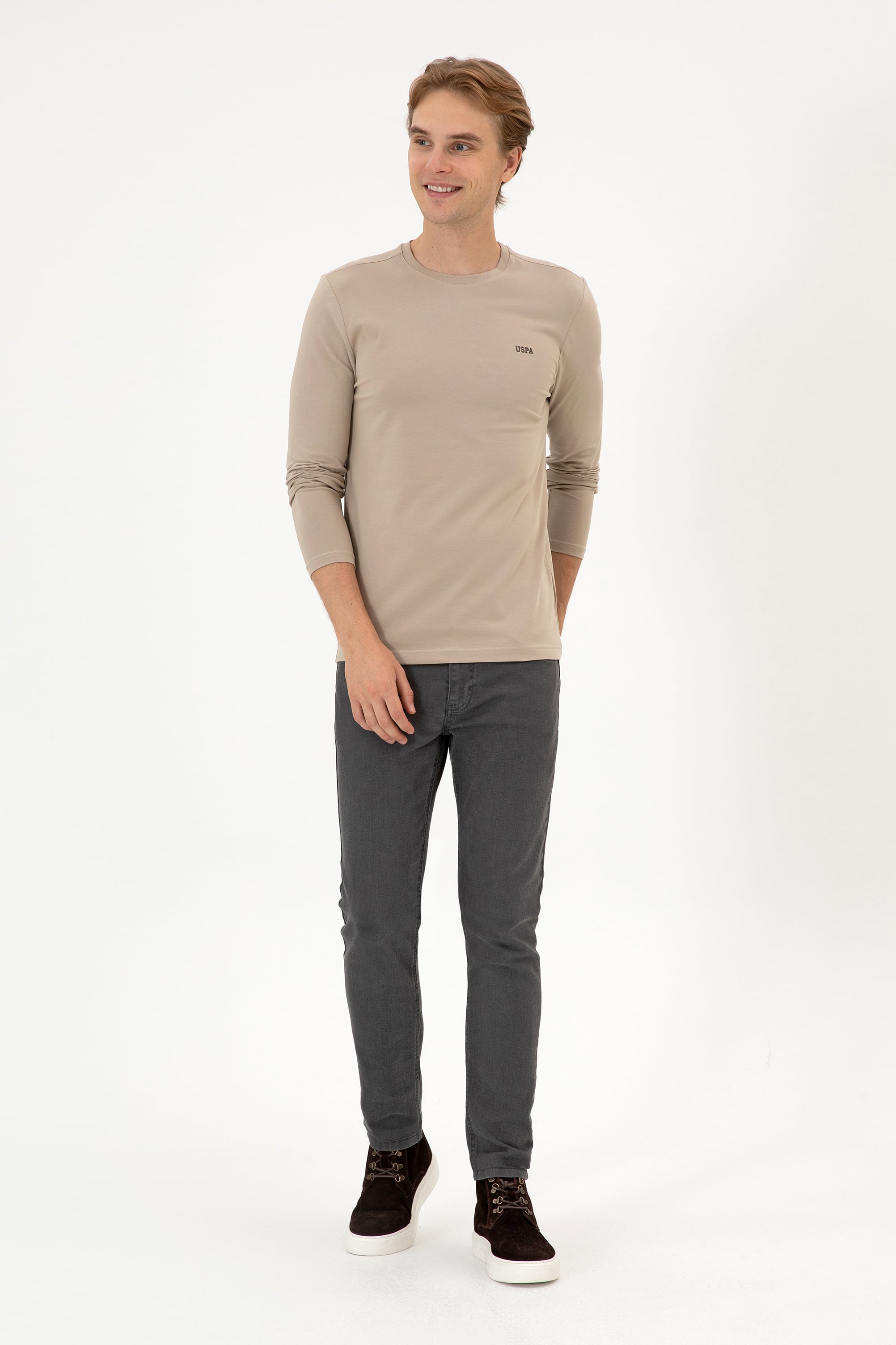 Erkek Slim Fit Bisiklet Yaka Koyu Bej Süprem Basic Sweatshirt