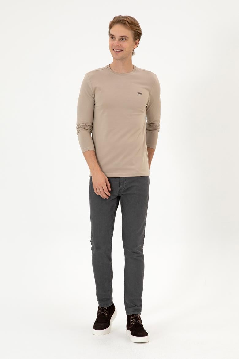 Erkek Slim Fit Bisiklet Yaka Koyu Bej Süprem Basic Sweatshirt - 50313744067