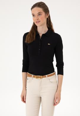 Kadın Siyah Basic Polo Yaka Sweatshırt - 50313593011
