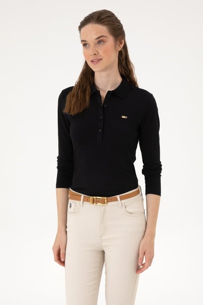Kadın Siyah Basic Polo Yaka Sweatshırt