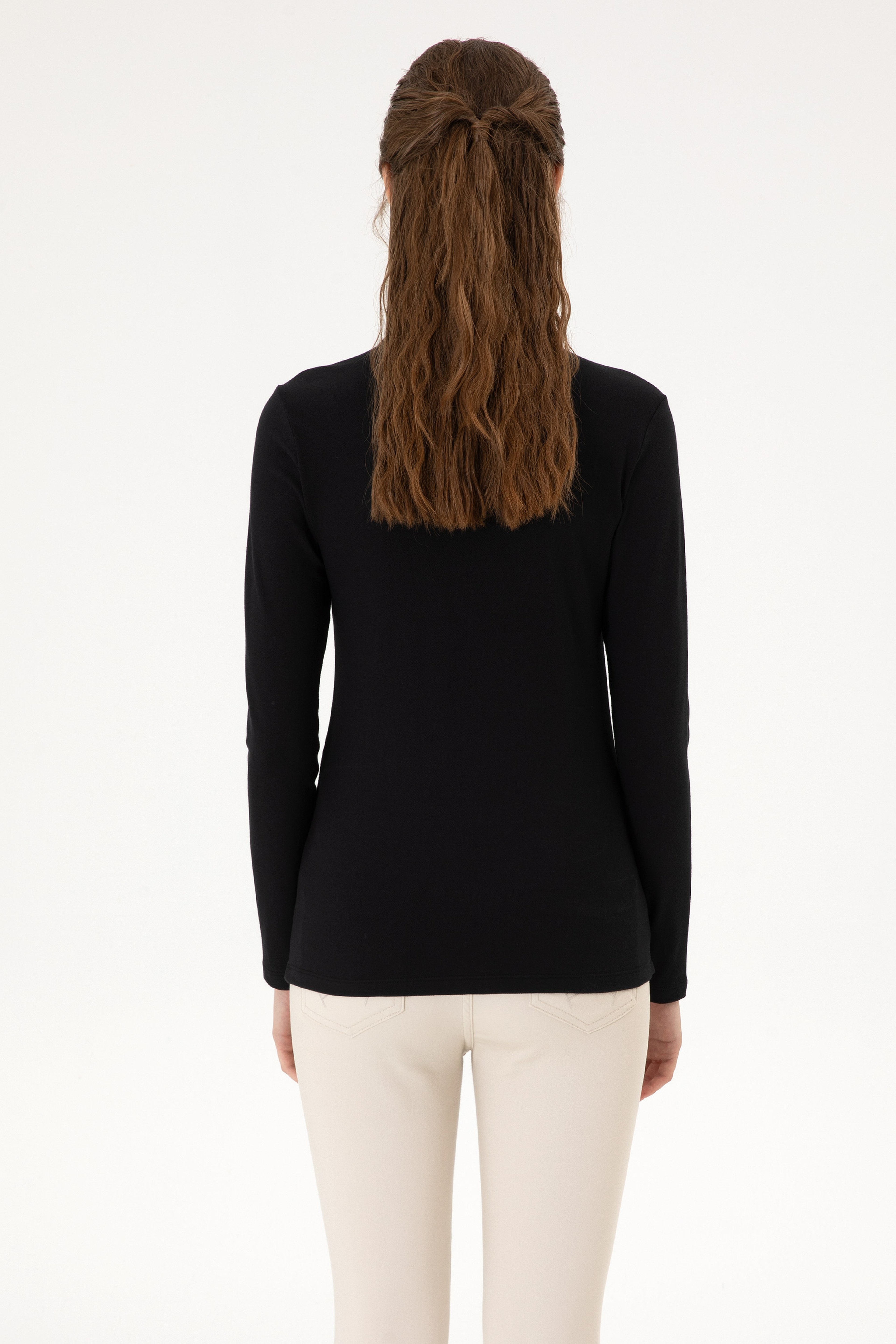 Kadın Siyah Basic Polo Yaka Sweatshırt - Image 5