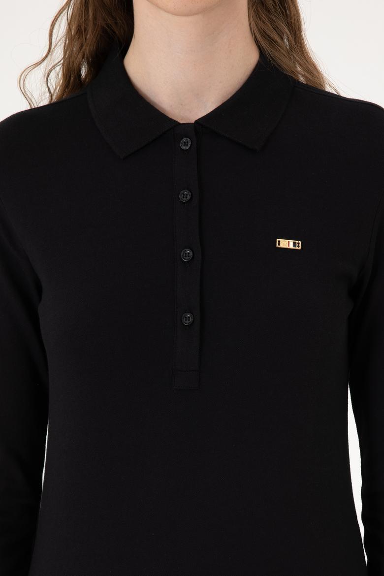 Kadın Siyah Basic Polo Yaka Sweatshırt - 50313593011