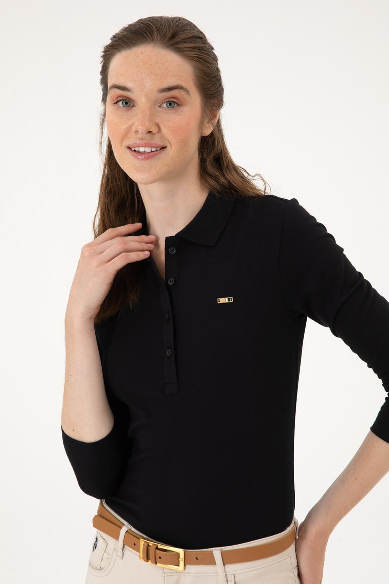 Kadın Siyah Basic Polo Yaka Sweatshırt - 50313593011