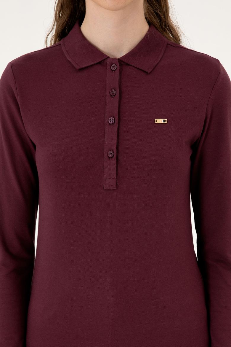 Kadın Bordo Basic Polo Yaka Sweatshırt - 50313593128