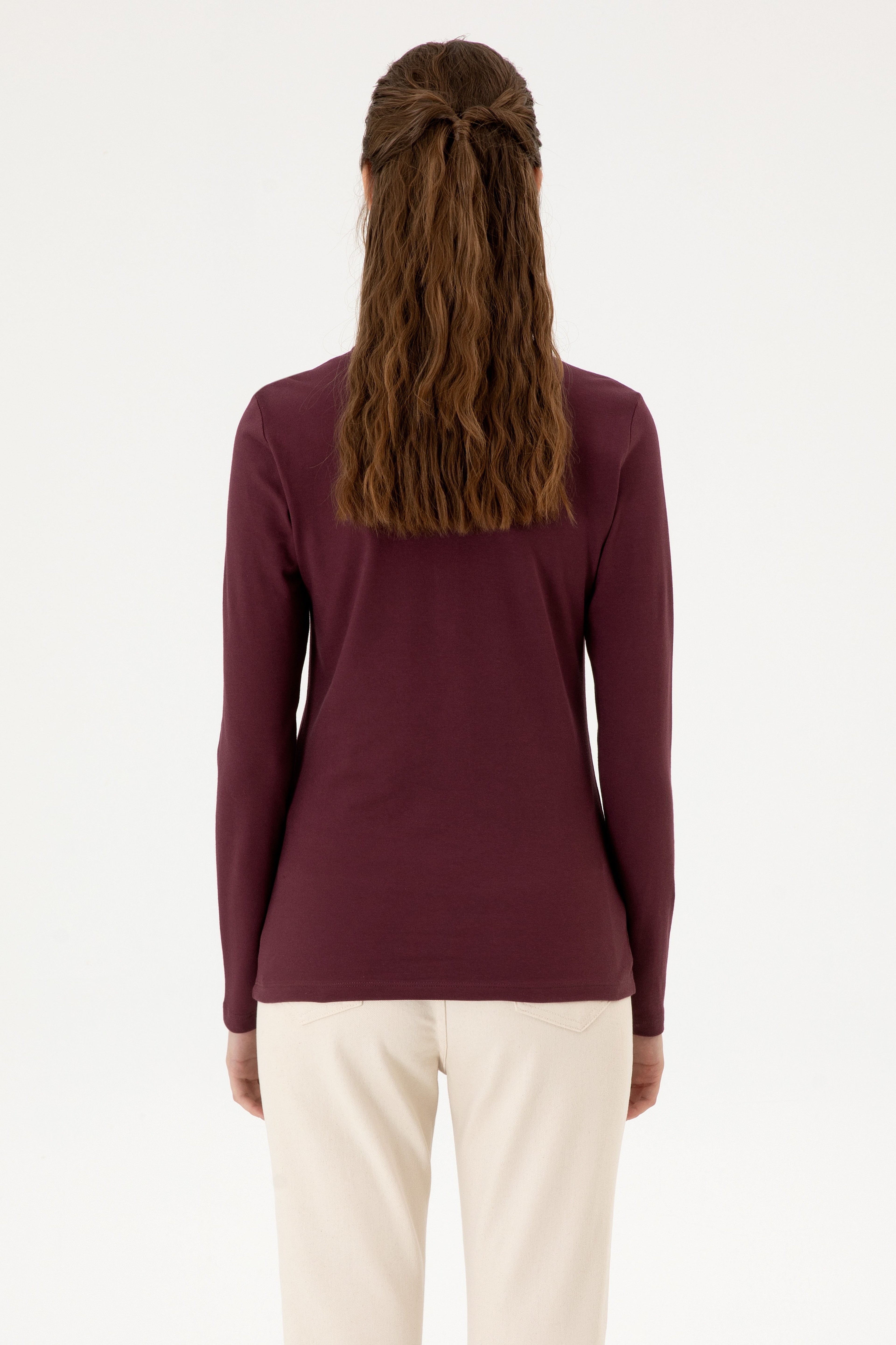 Kadın Bordo Basic Polo Yaka Sweatshırt - Image 5
