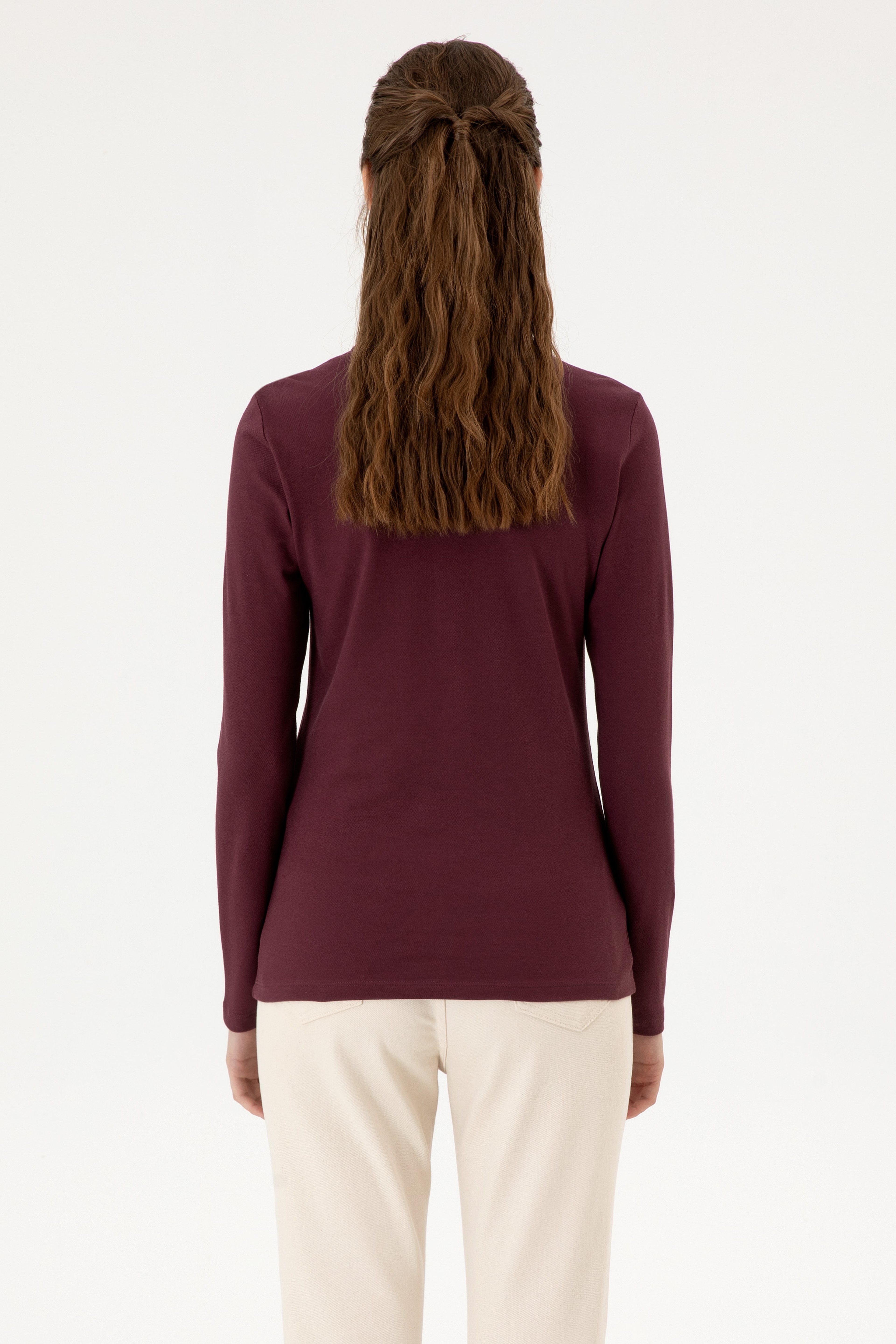 Kadın Bordo Basic Polo Yaka Sweatshırt