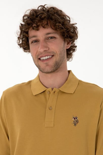 Erkek Regular Fit Polo Yaka Hardal Basic Sweatshirt