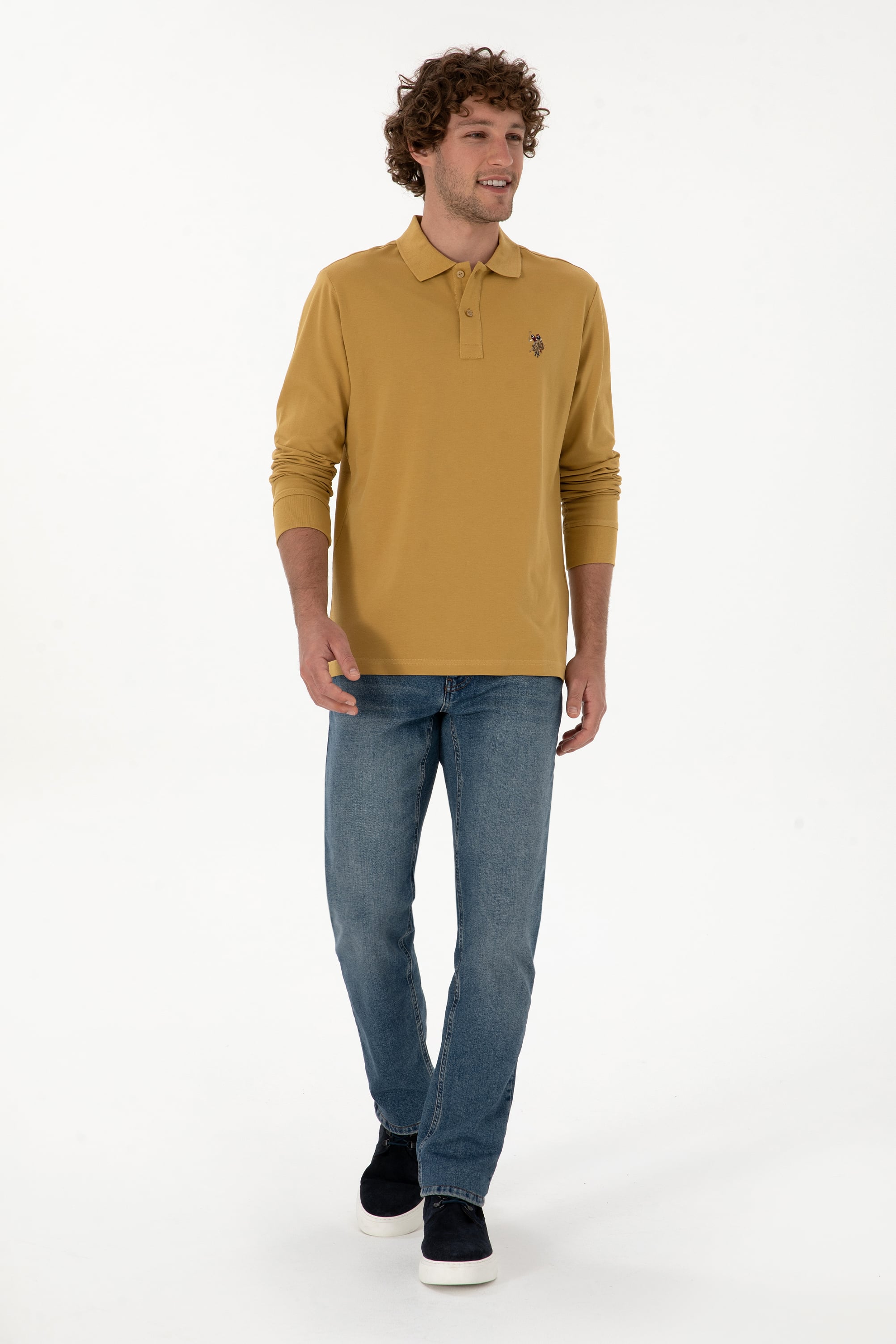 Erkek Regular Fit Polo Yaka Hardal Basic Sweatshirt - Image 4