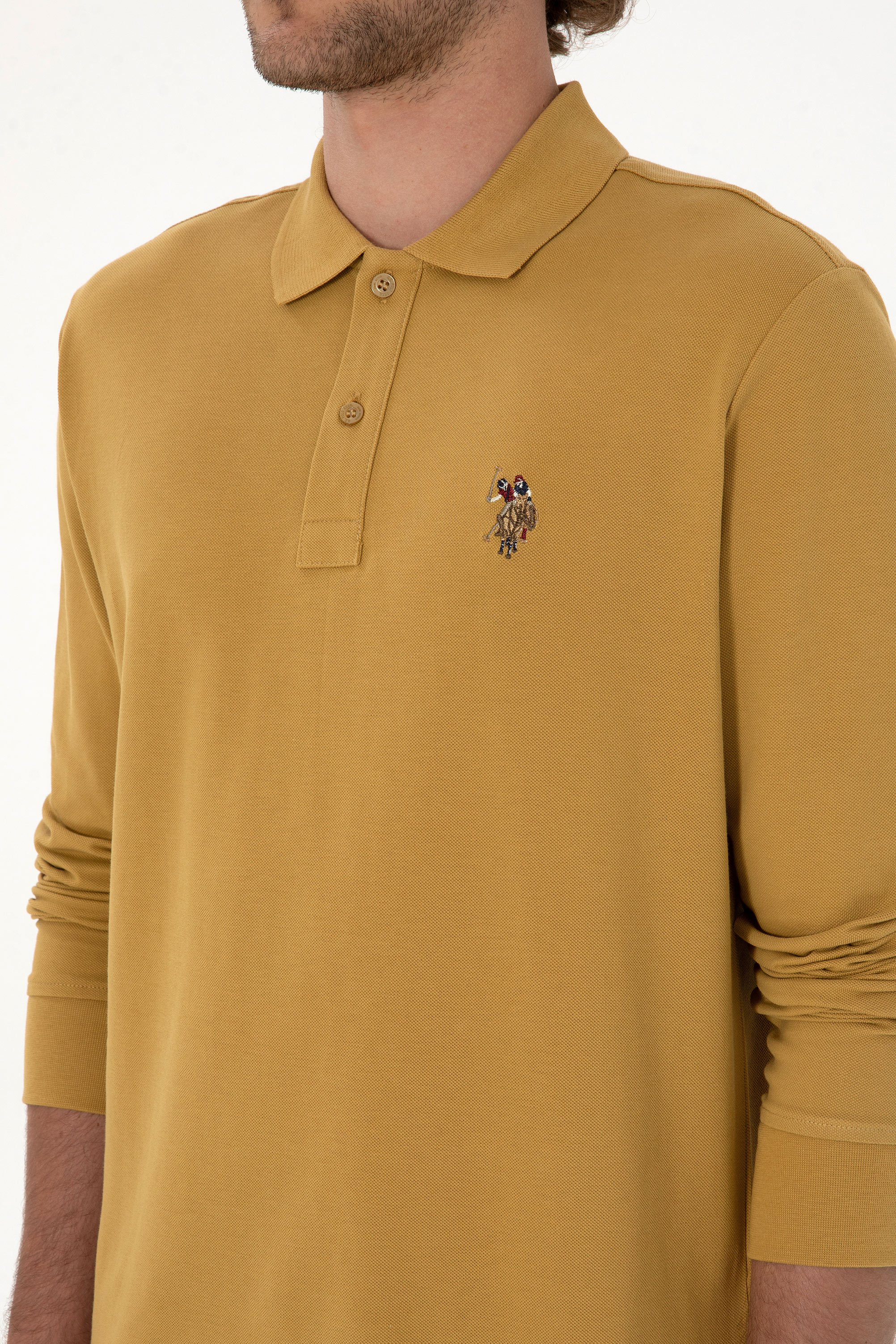 Erkek Regular Fit Polo Yaka Hardal Basic Sweatshirt - Image 7