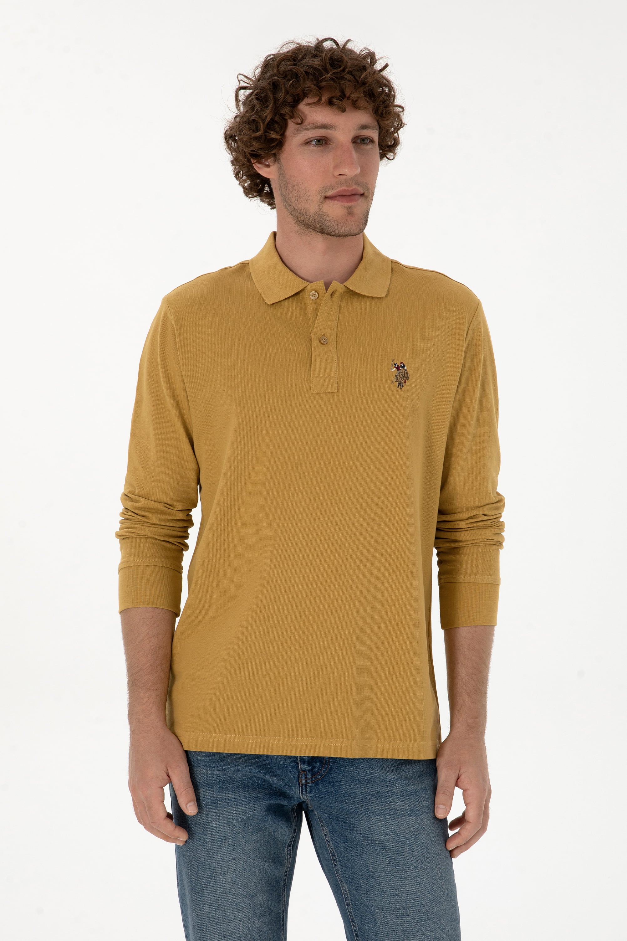 Erkek Regular Fit Polo Yaka Hardal Basic Sweatshirt