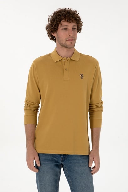 Erkek Regular Fit Polo Yaka Hardal Basic Sweatshirt