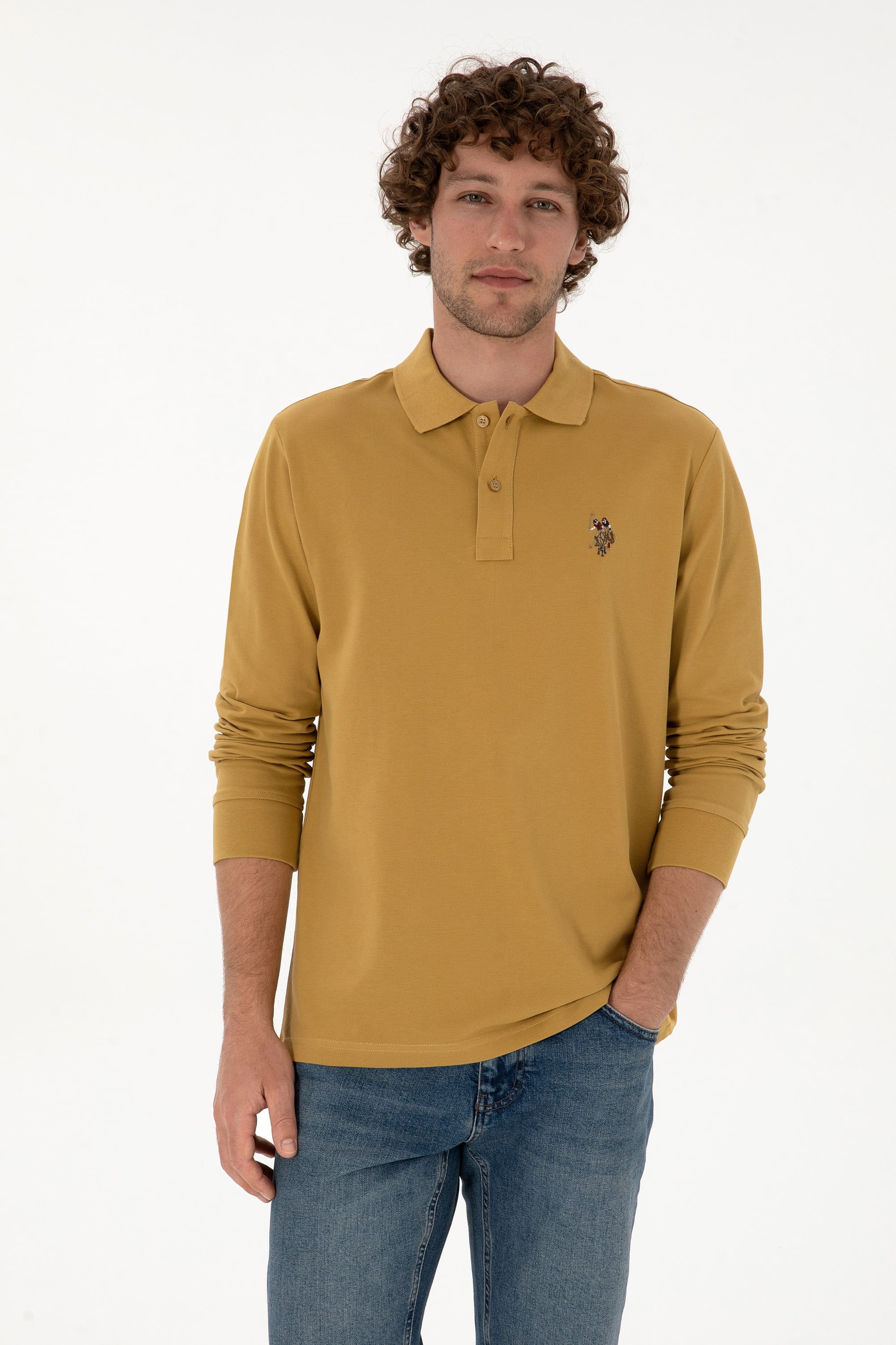 Erkek Regular Fit Polo Yaka Hardal Basic Sweatshirt - Image 1