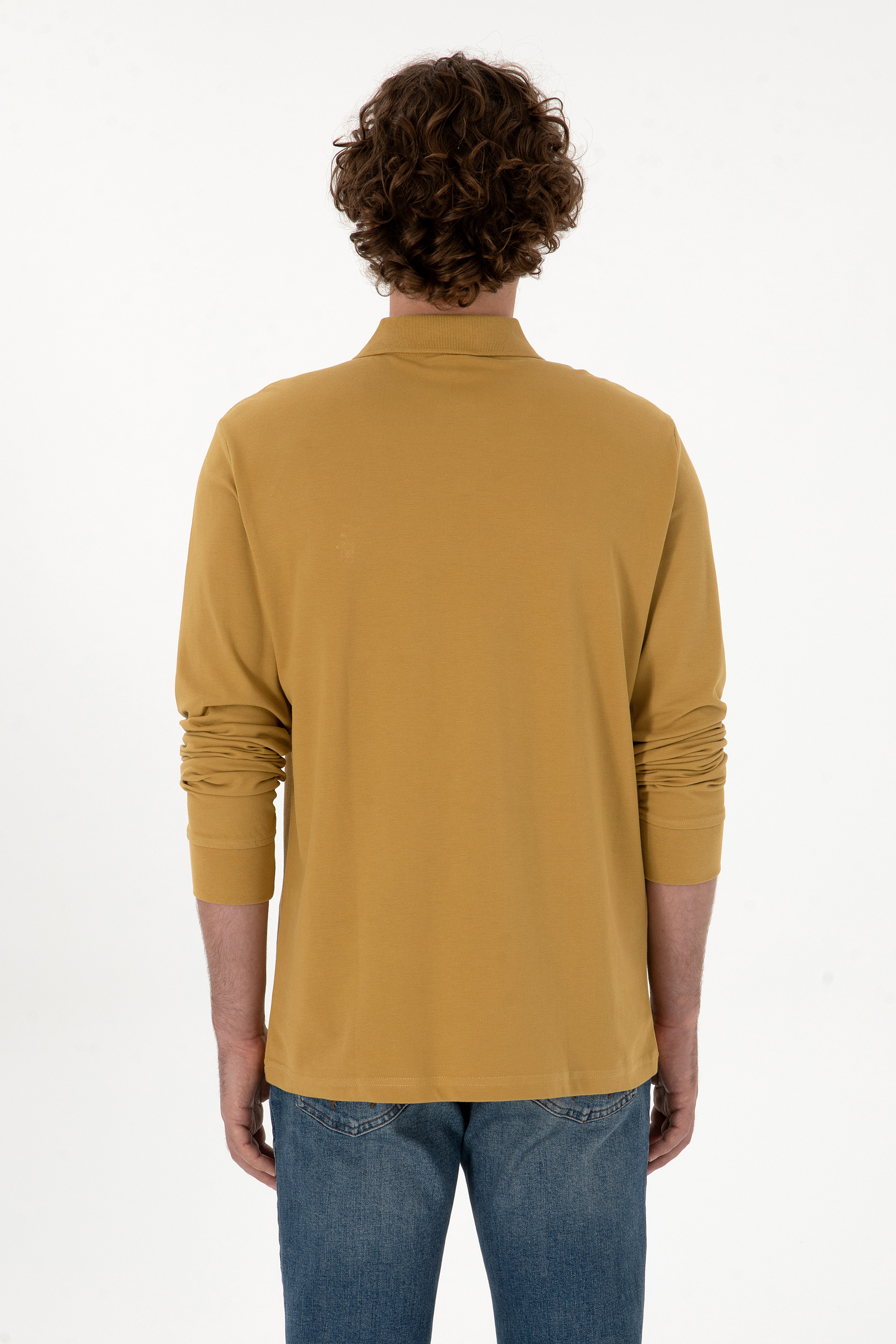 Erkek Regular Fit Polo Yaka Hardal Basic Sweatshirt - Image 5