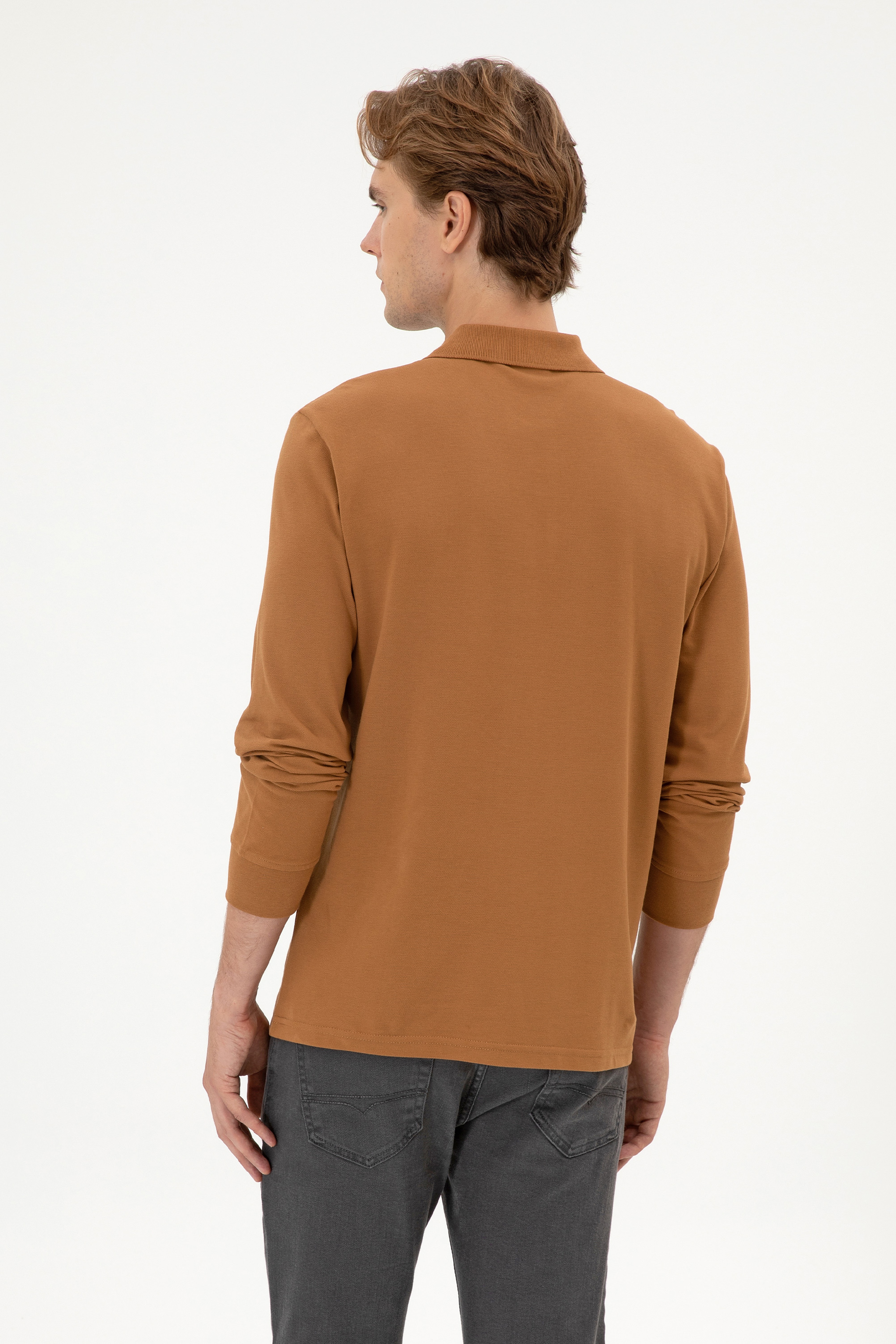 Erkek Regular Fit Polo Yaka Camel Basic Sweatshirt