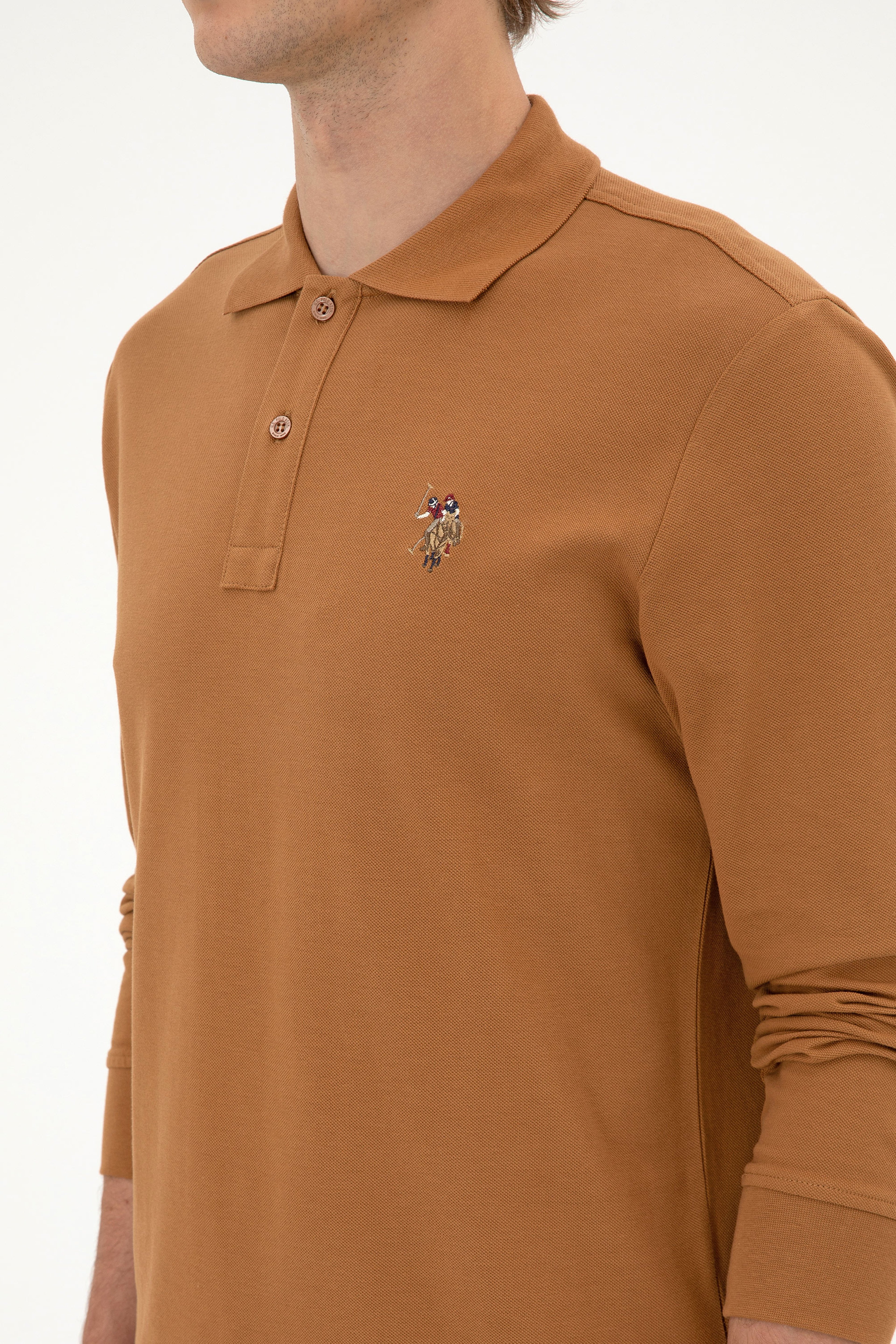 Erkek Regular Fit Polo Yaka Camel Basic Sweatshirt - Image 7