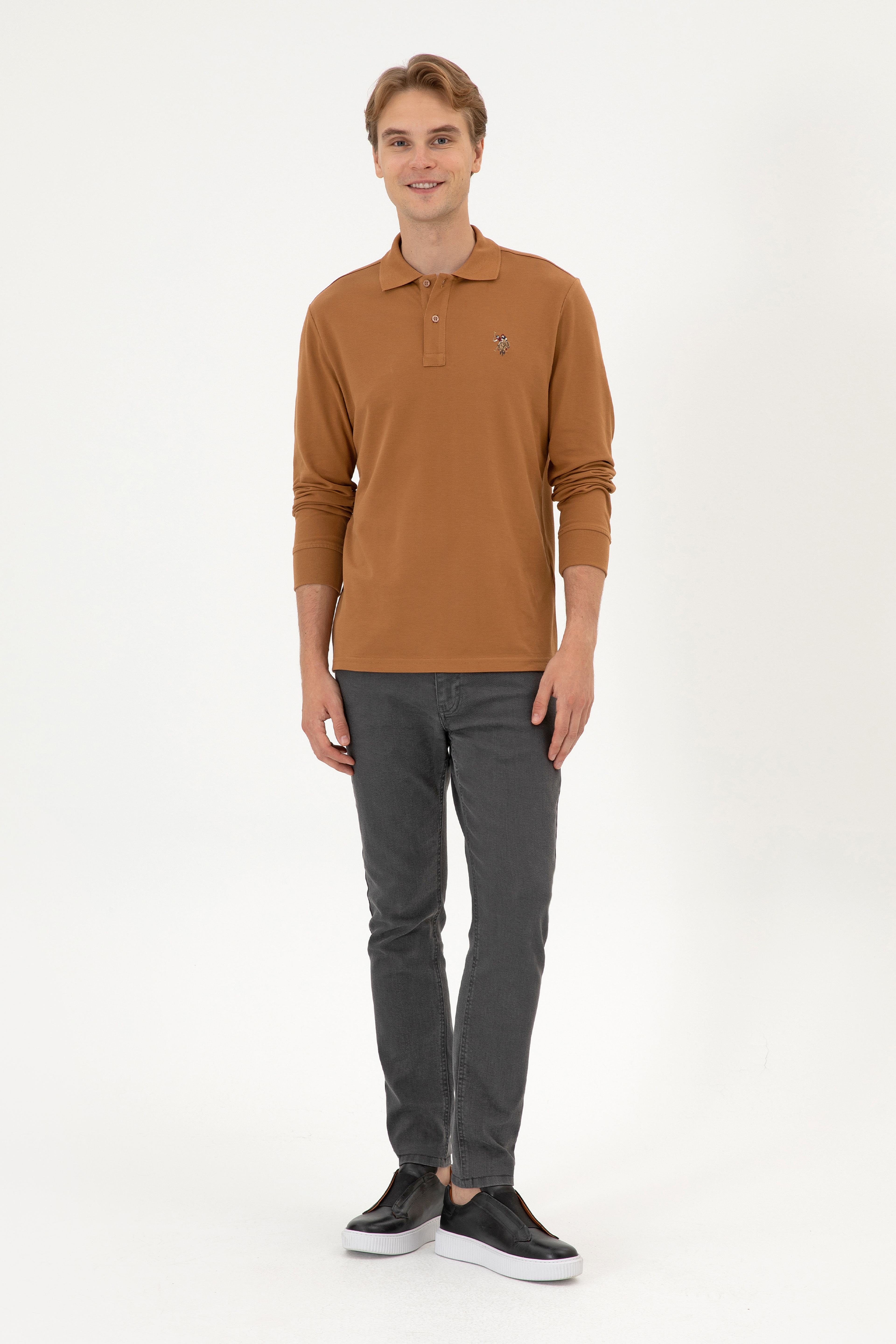 Erkek Regular Fit Polo Yaka Camel Basic Sweatshirt - Image 4