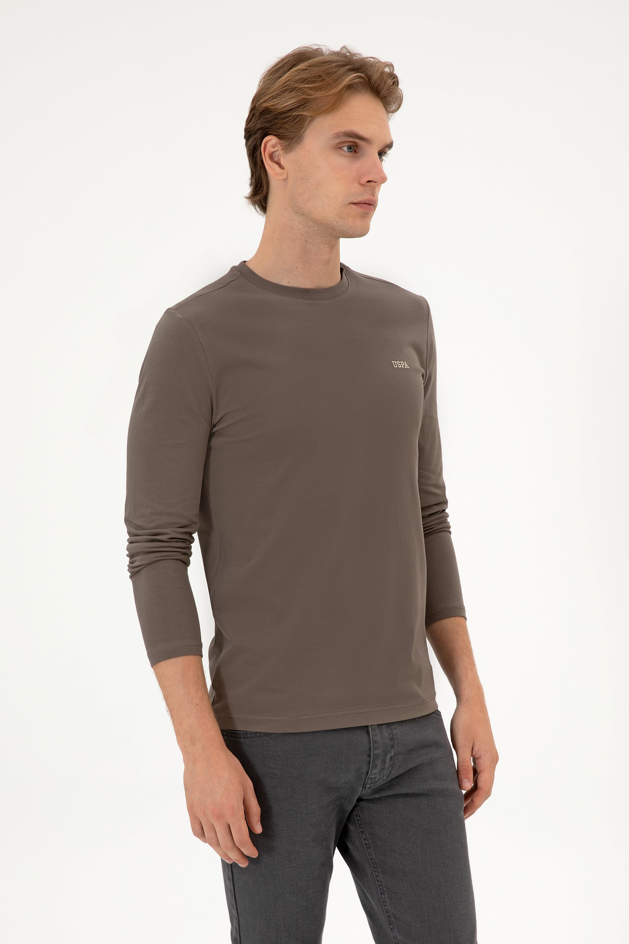 Erkek Slim Fit Bisiklet Yaka Vizon Süprem Basic Sweatshirt