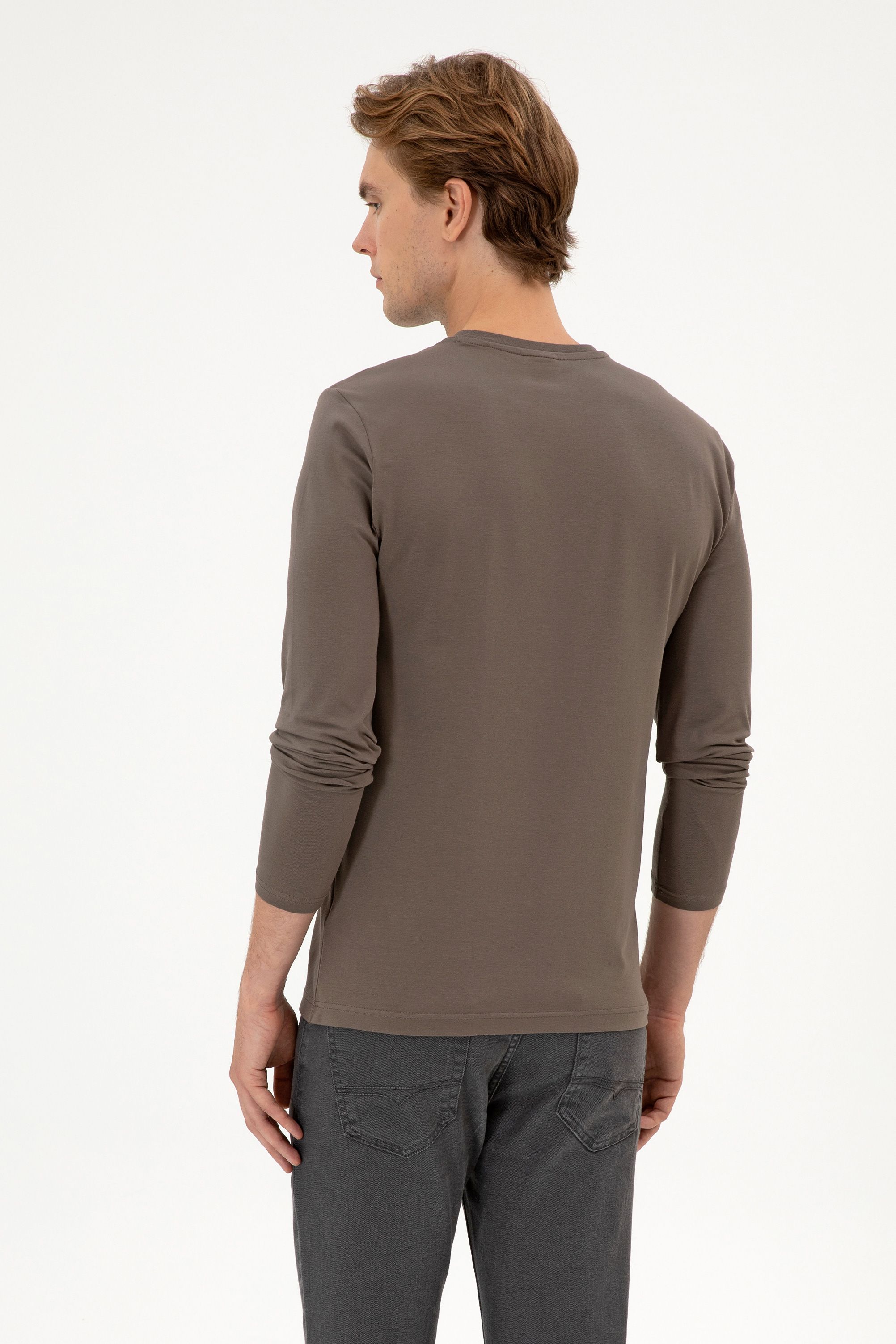 Erkek Slim Fit Bisiklet Yaka Vizon Süprem Basic Sweatshirt - Image 5