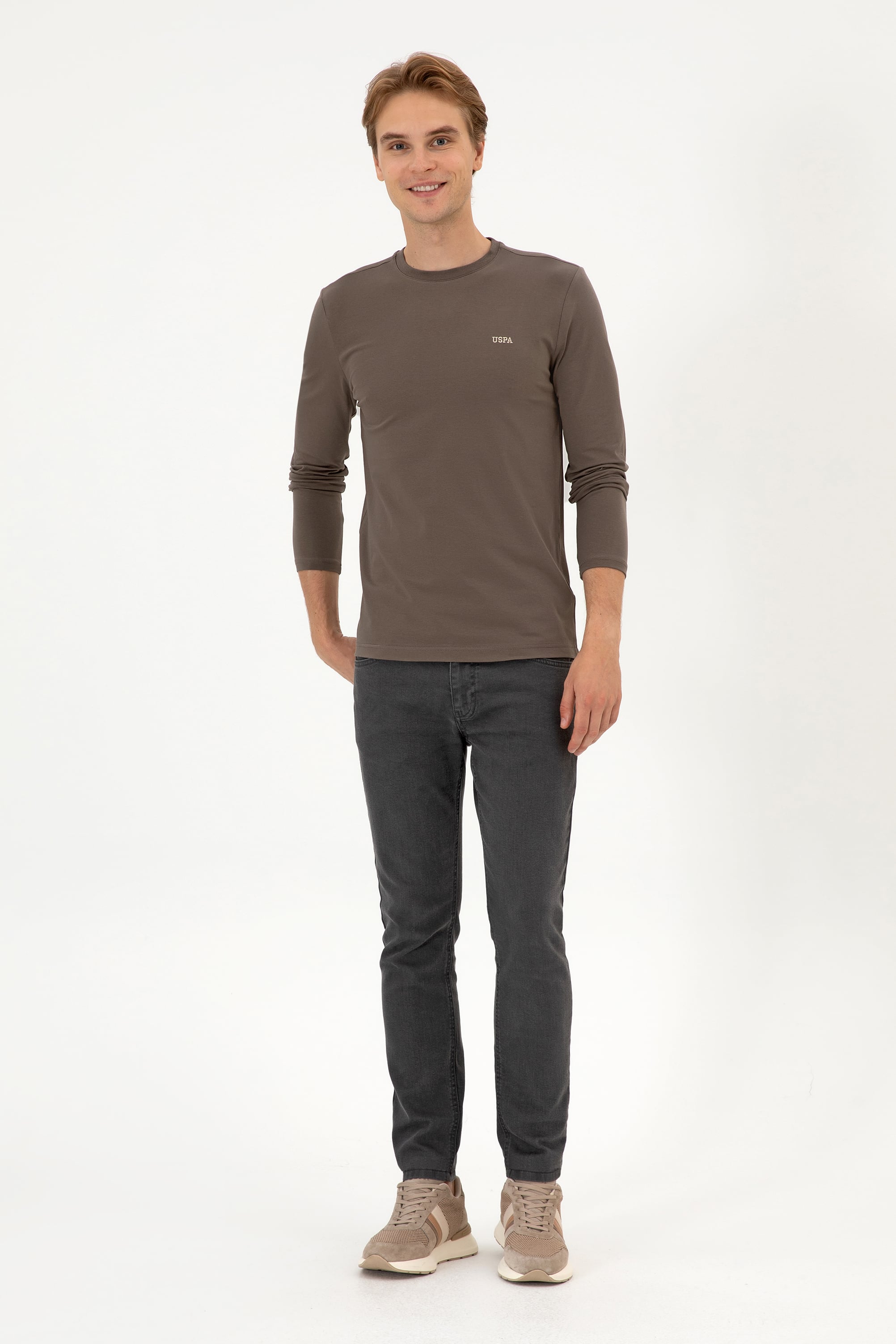 Erkek Slim Fit Bisiklet Yaka Vizon Süprem Basic Sweatshirt