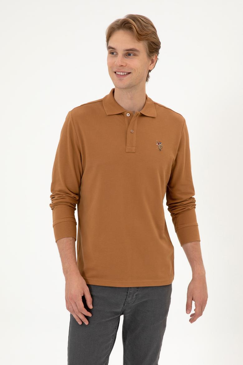 Erkek Regular Fit Polo Yaka Camel Basic Sweatshirt