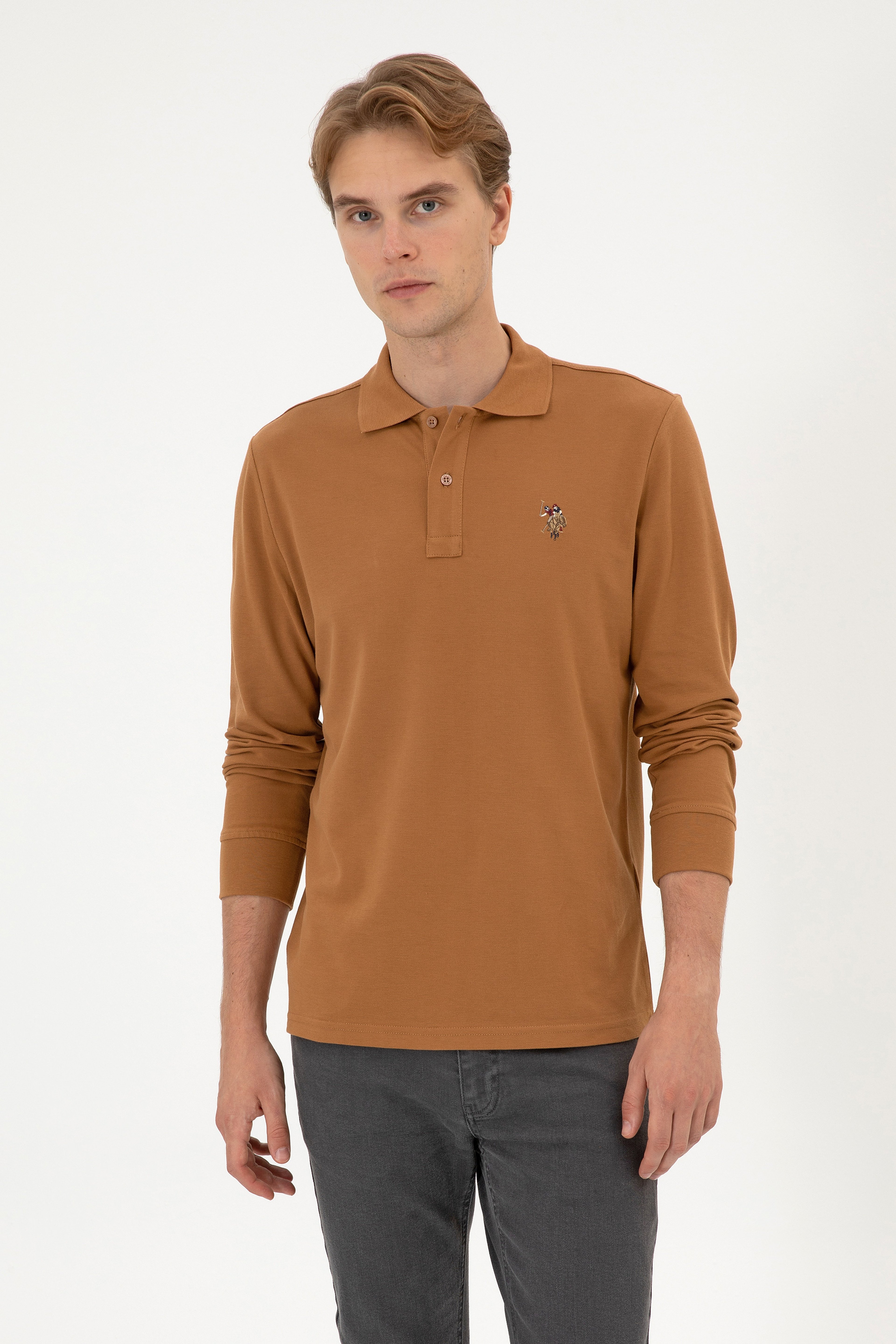 Erkek Regular Fit Polo Yaka Camel Basic Sweatshirt
