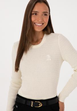 Kadın Krem Bisiklet Yaka Basic Kazak - 50307763026