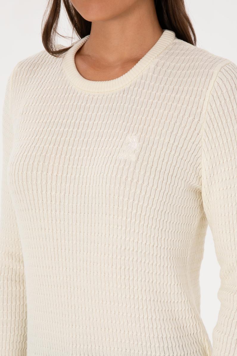 Kadın Krem Bisiklet Yaka Basic Kazak