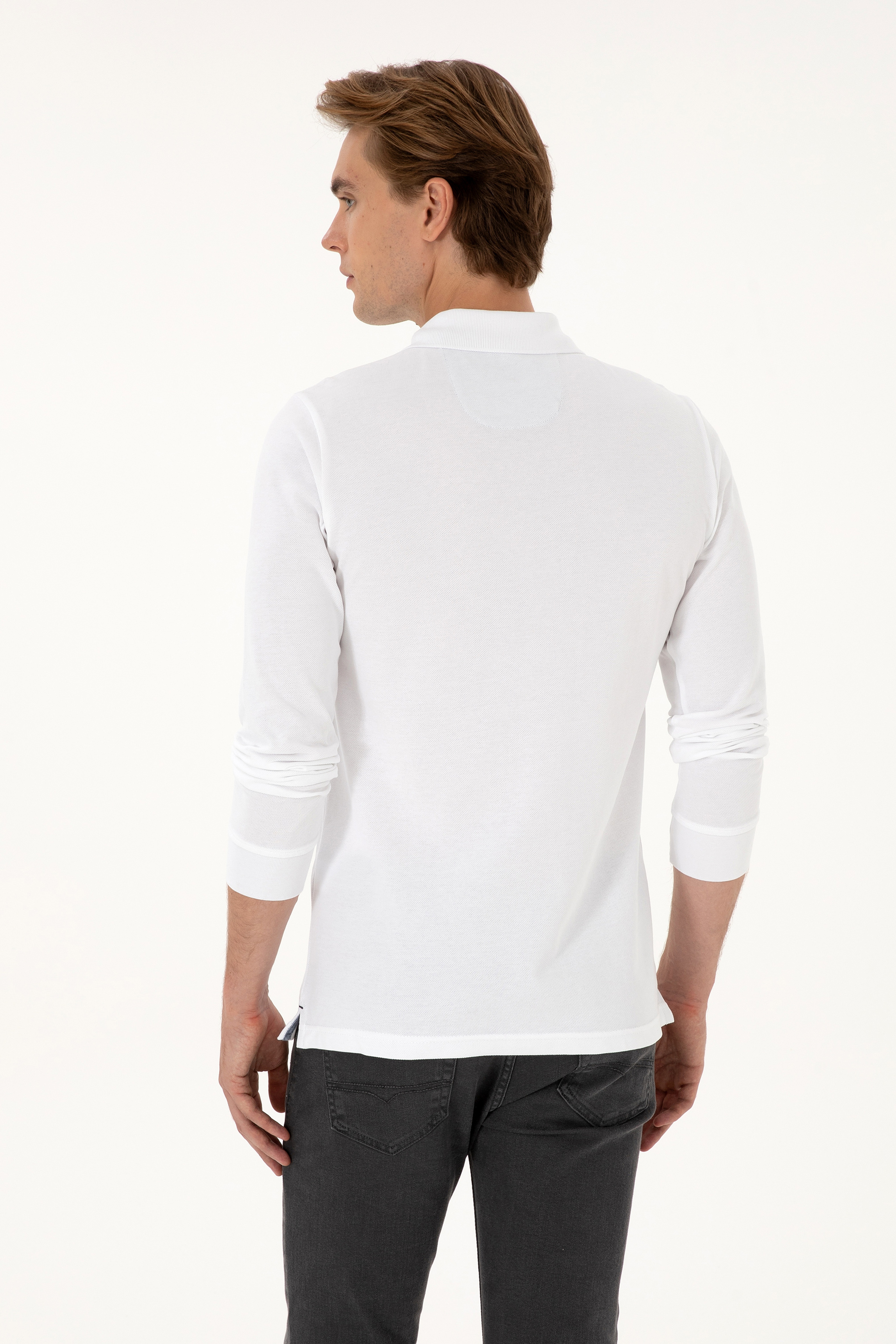 Erkek Regular Fit Polo Yaka Beyaz Basic Sweatshirt - Image 5