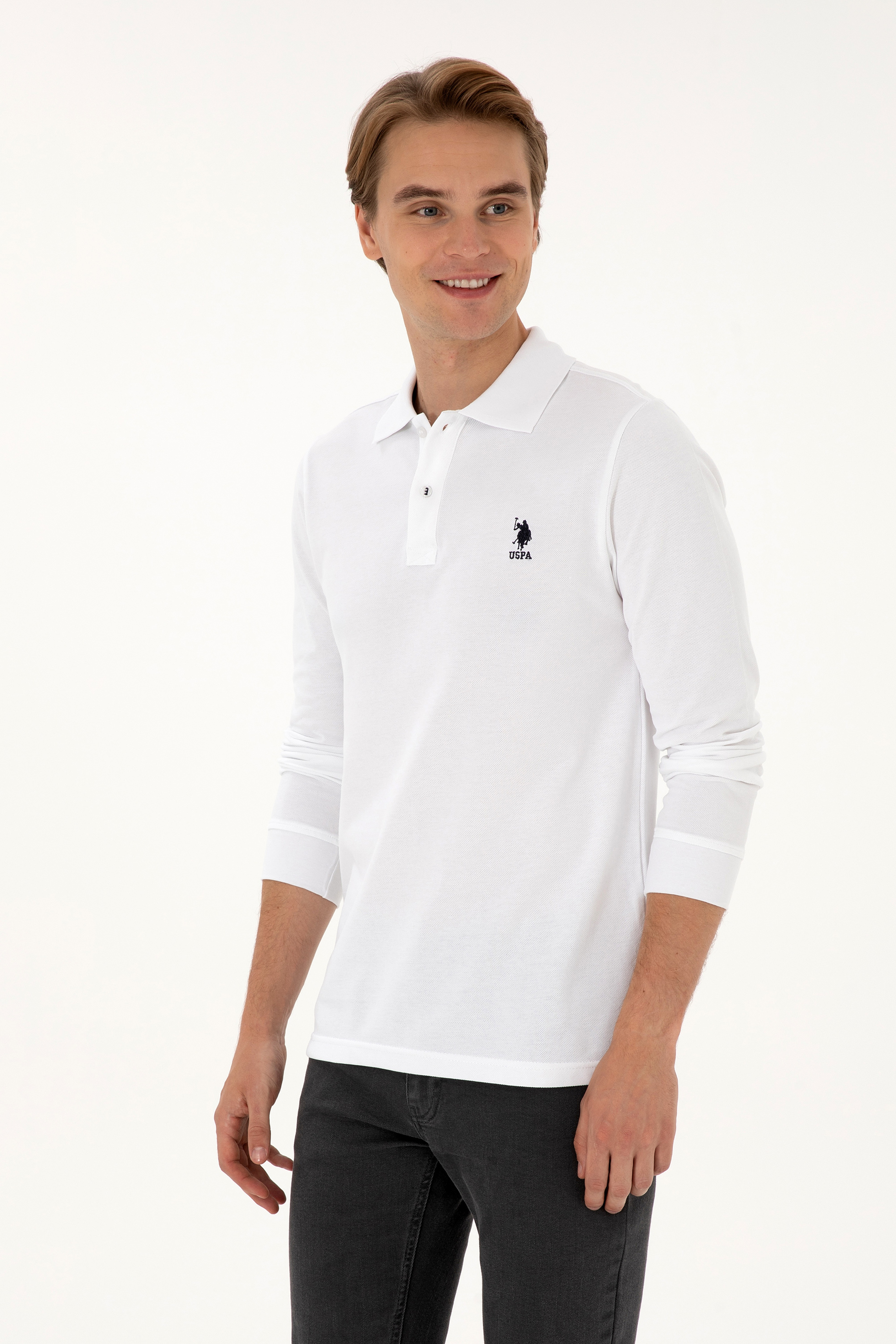 Erkek Regular Fit Polo Yaka Beyaz Basic Sweatshirt - Image 1