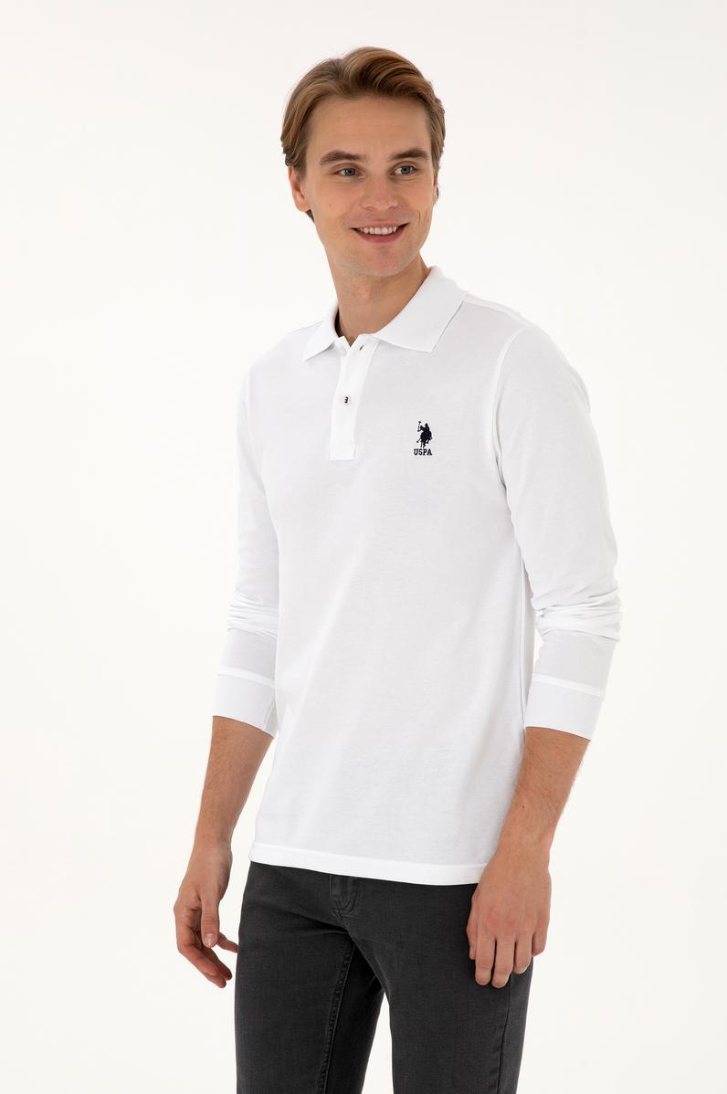 Erkek Regular Fit Polo Yaka Beyaz Basic Sweatshirt