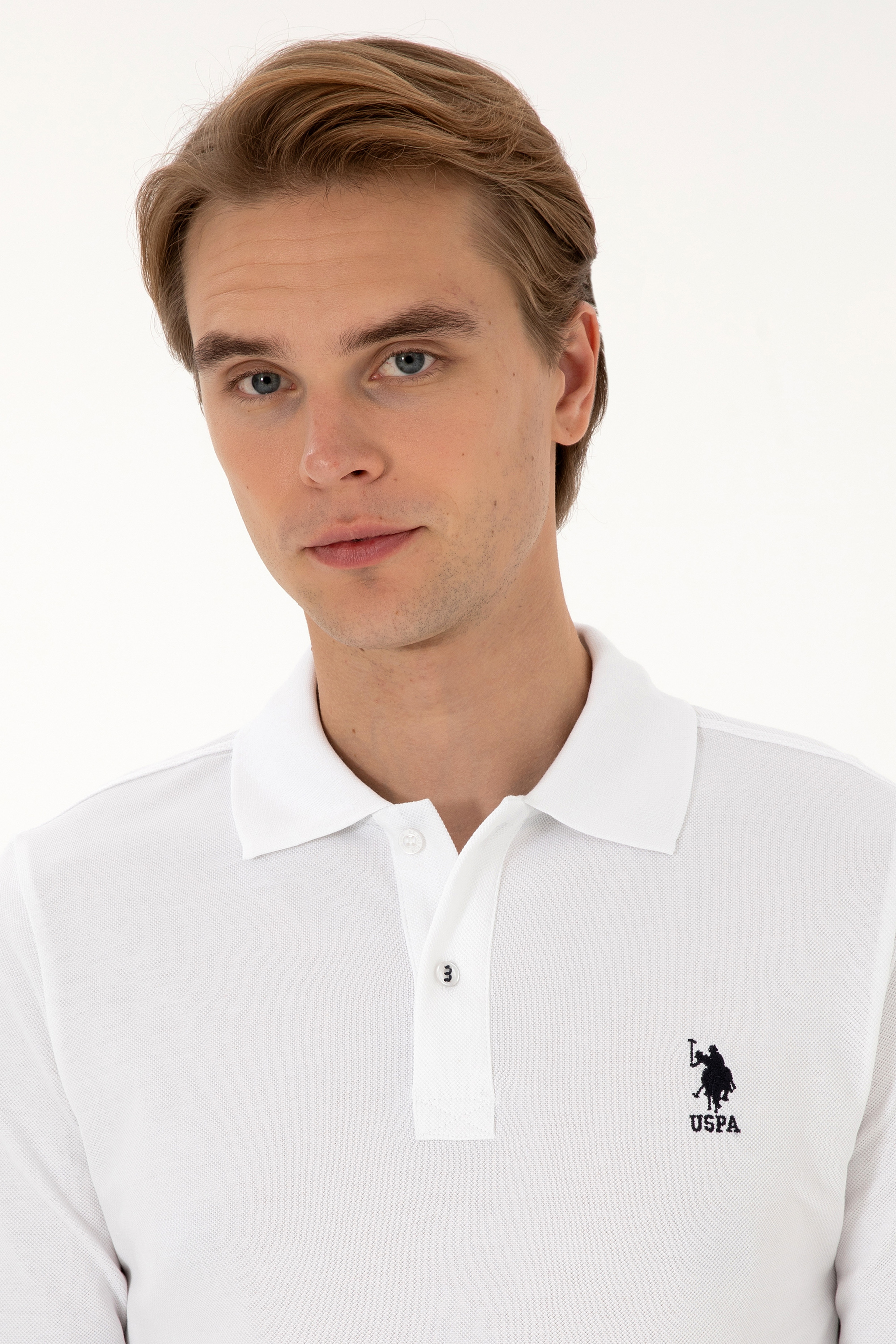 Erkek Regular Fit Polo Yaka Beyaz Basic Sweatshirt - Image 2