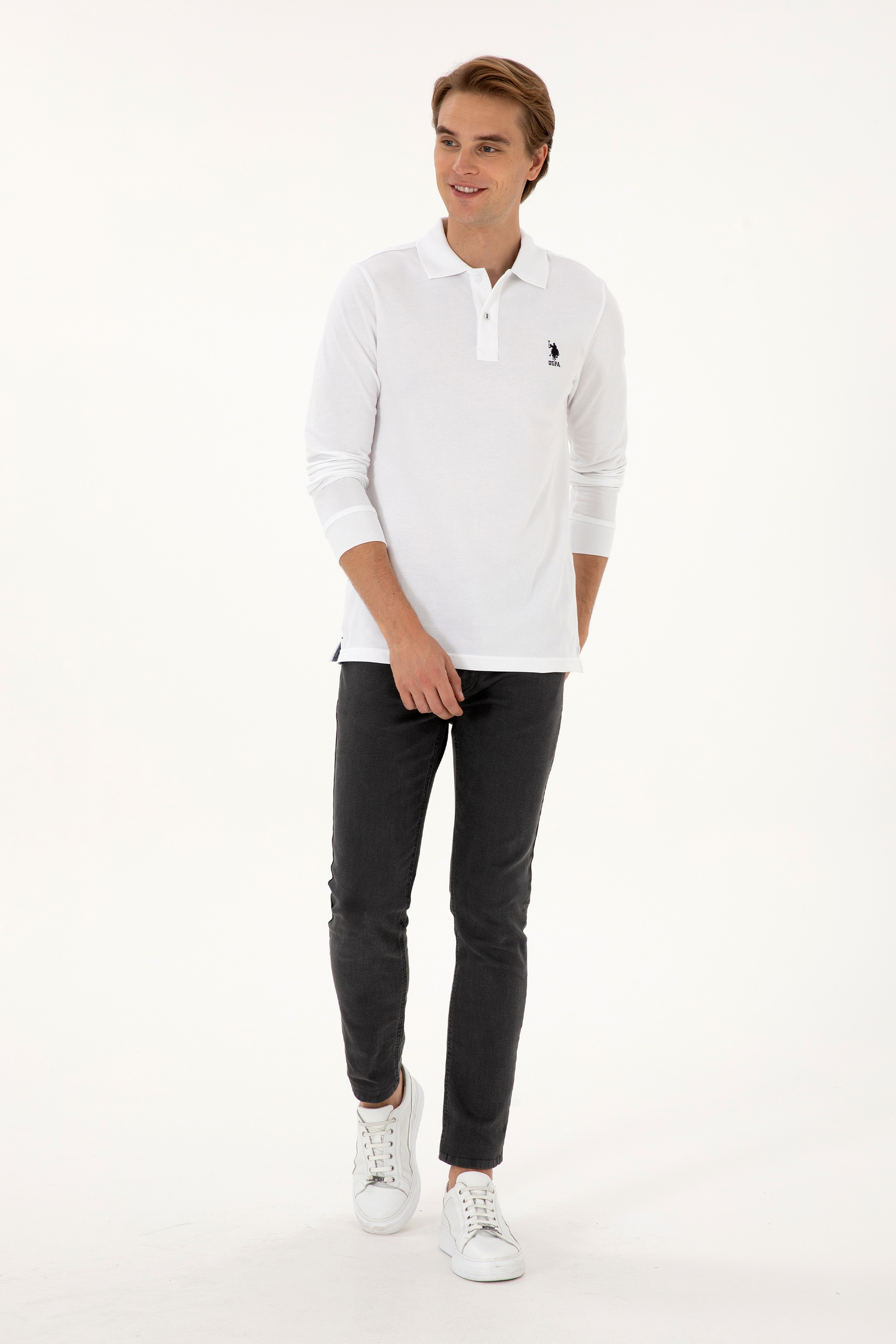 Erkek Regular Fit Polo Yaka Beyaz Basic Sweatshirt - Image 4