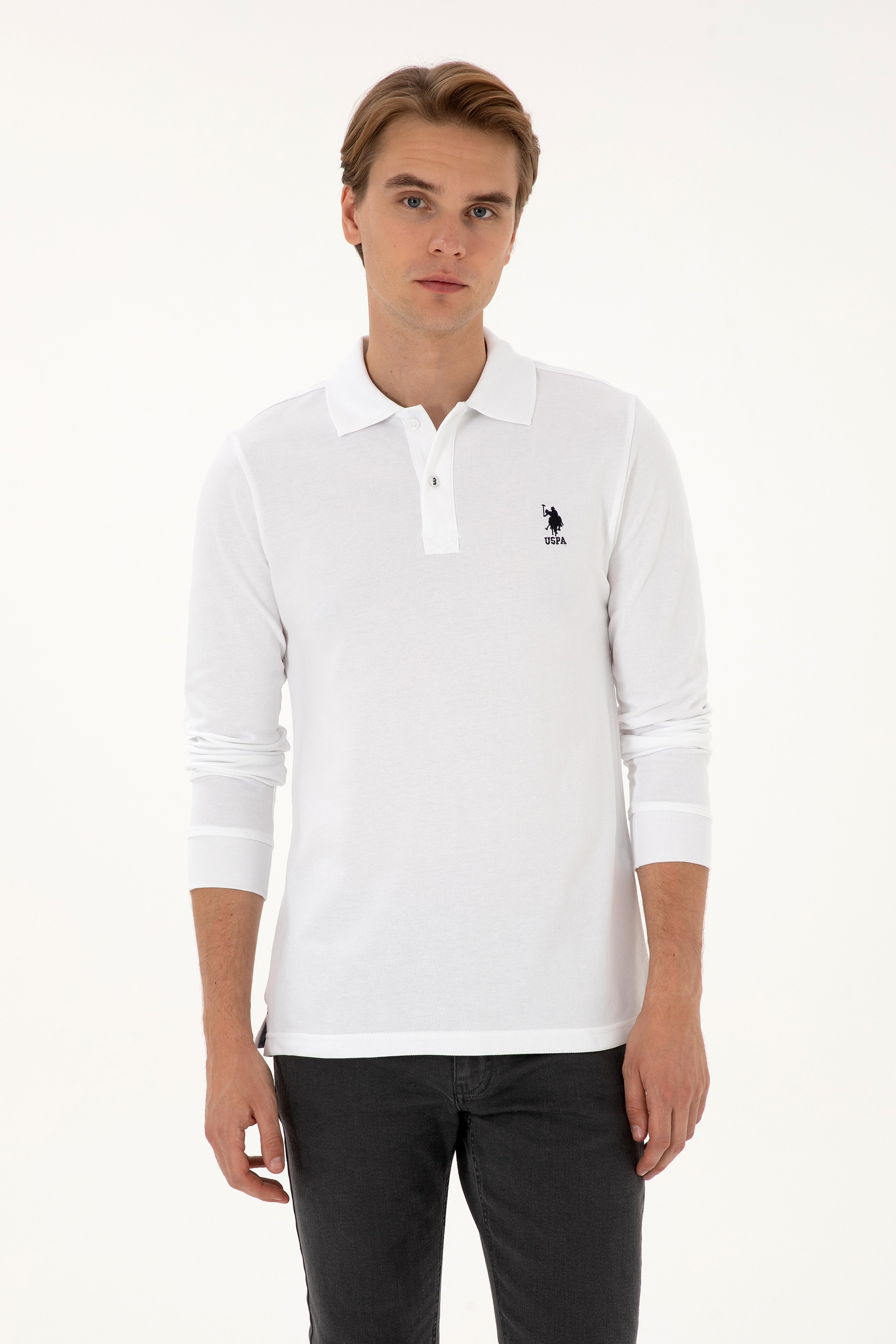 Erkek Regular Fit Polo Yaka Beyaz Basic Sweatshirt - Image 3
