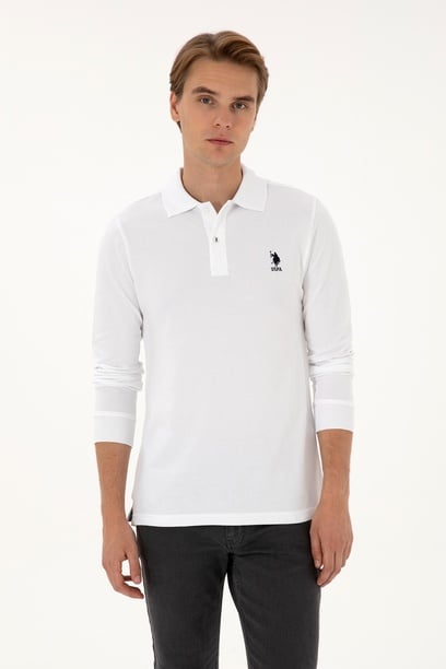 Erkek Regular Fit Polo Yaka Beyaz Basic Sweatshirt