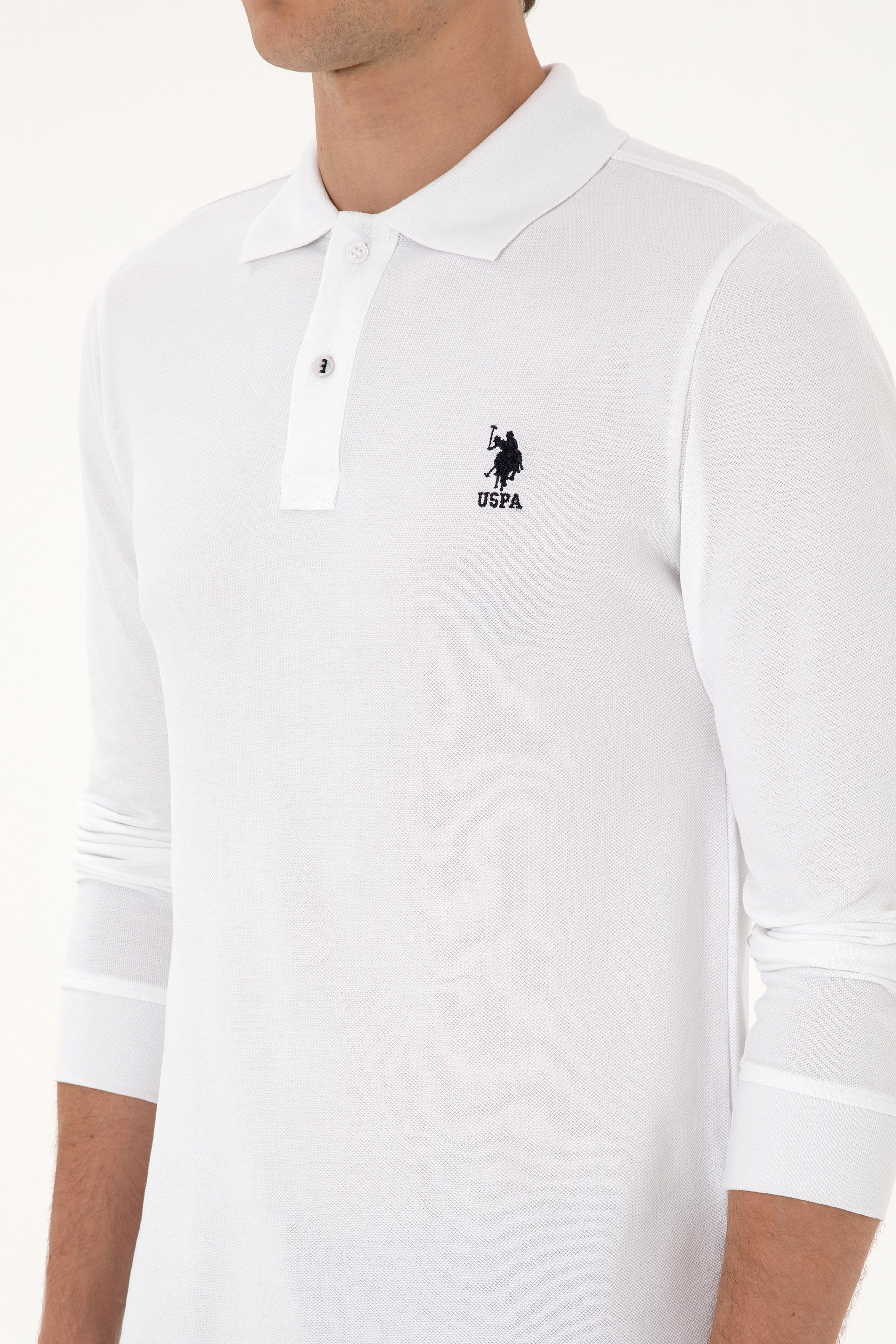 Erkek Regular Fit Polo Yaka Beyaz Basic Sweatshirt - Image 7