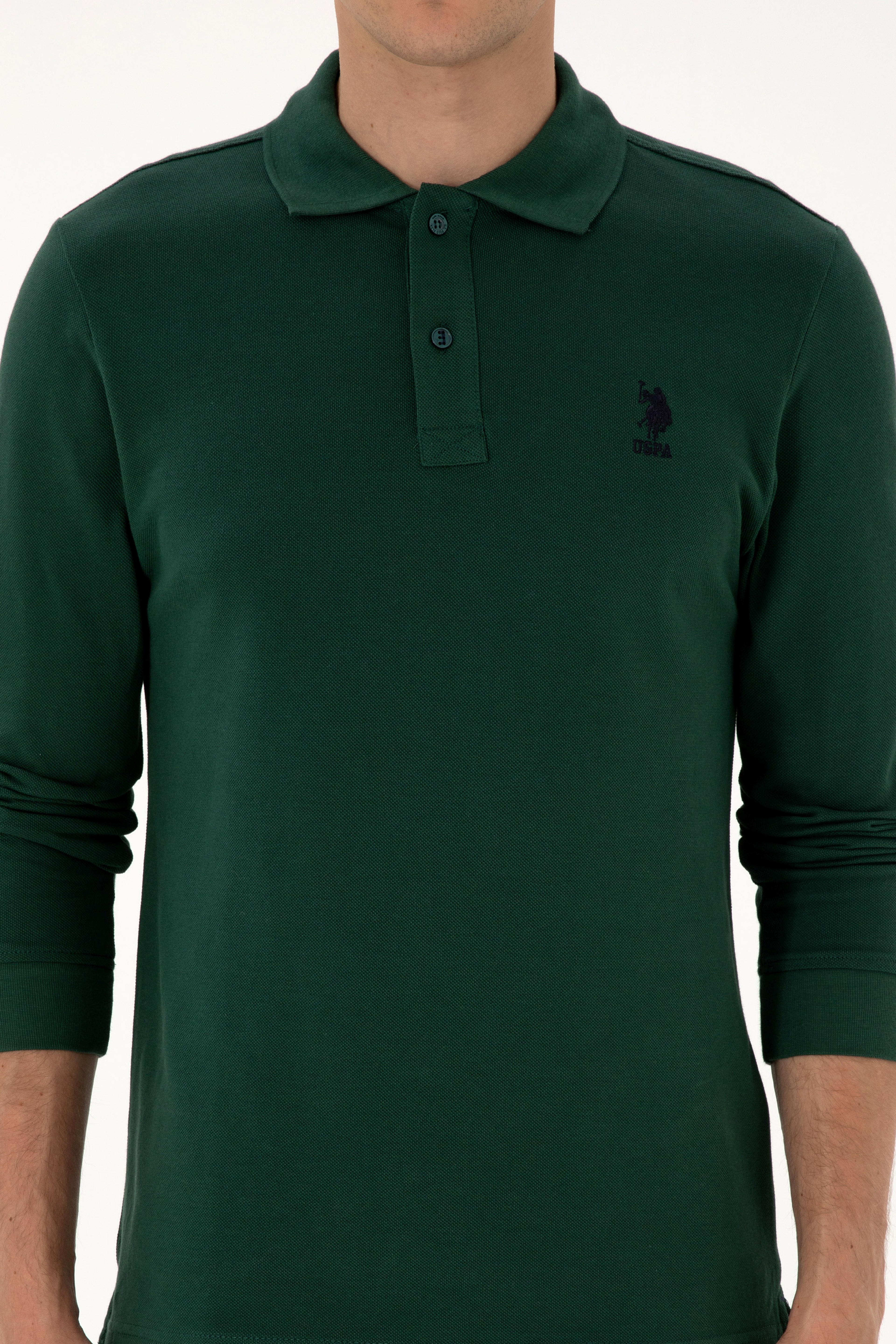 Erkek Regular Fit Polo Yaka Koyu Yeşil Basic Sweatshirt - Image 6