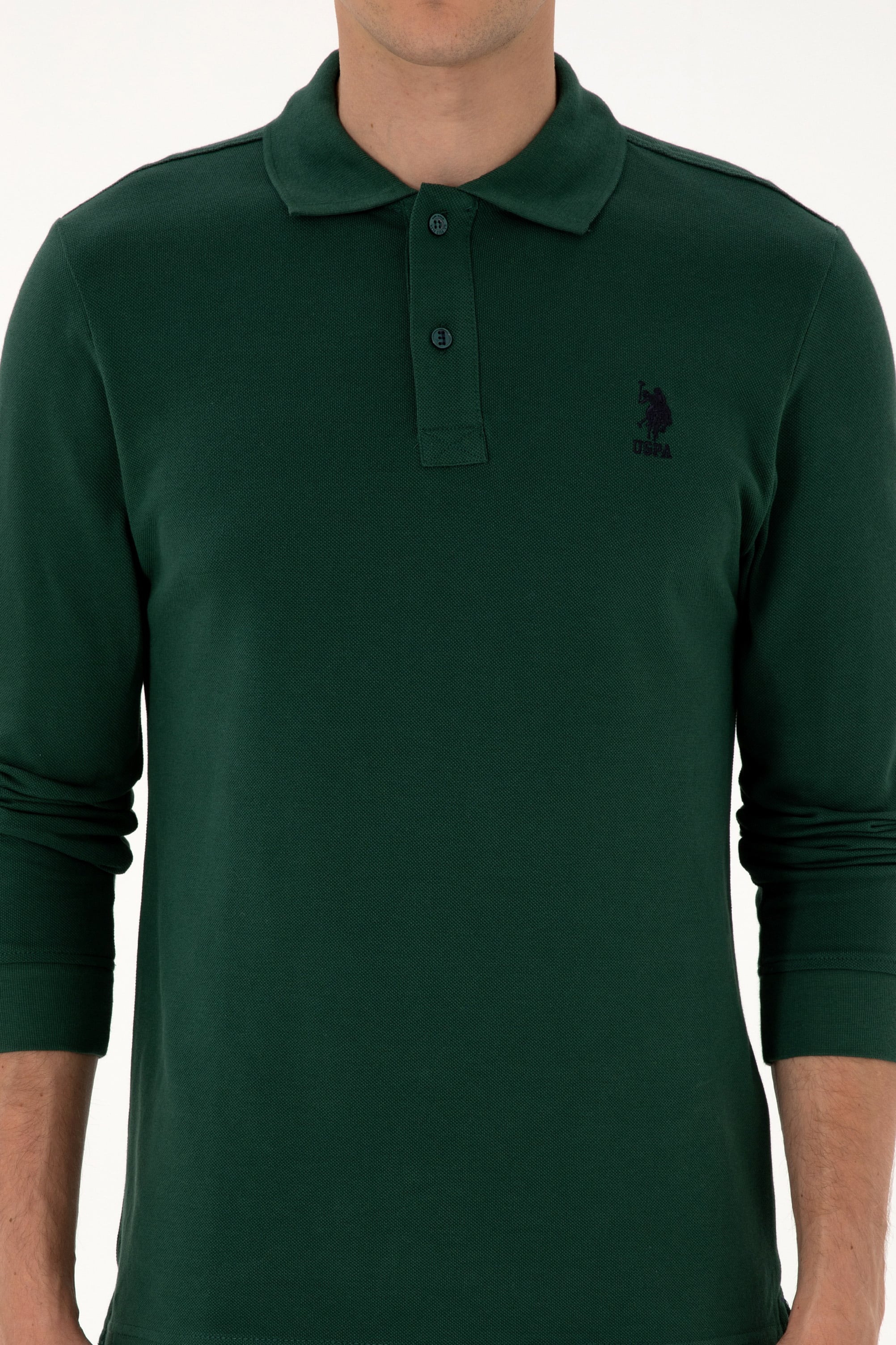 Erkek Regular Fit Polo Yaka Koyu Yeşil Basic Sweatshirt