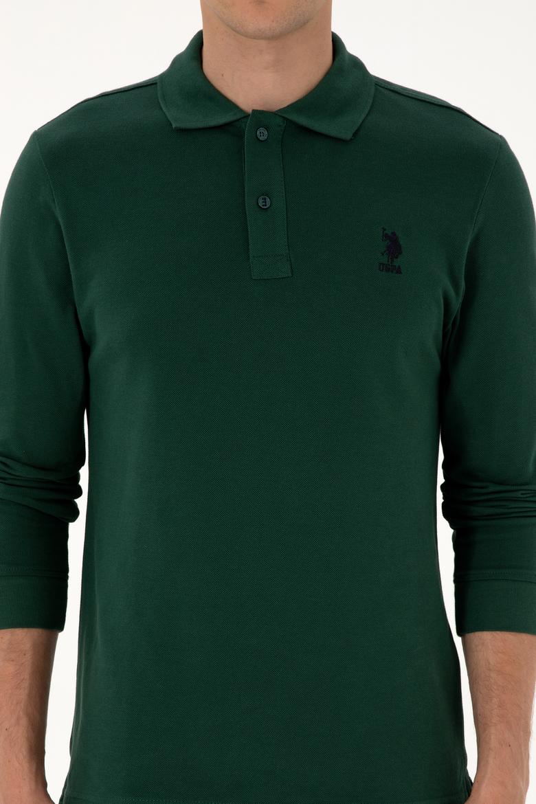 Erkek Regular Fit Polo Yaka Koyu Yeşil Basic Sweatshirt - 50307757127