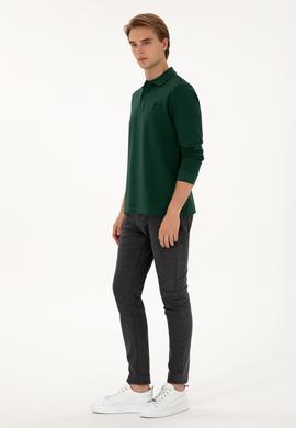 Erkek Regular Fit Polo Yaka Koyu Yeşil Basic Sweatshirt - 50307757127
