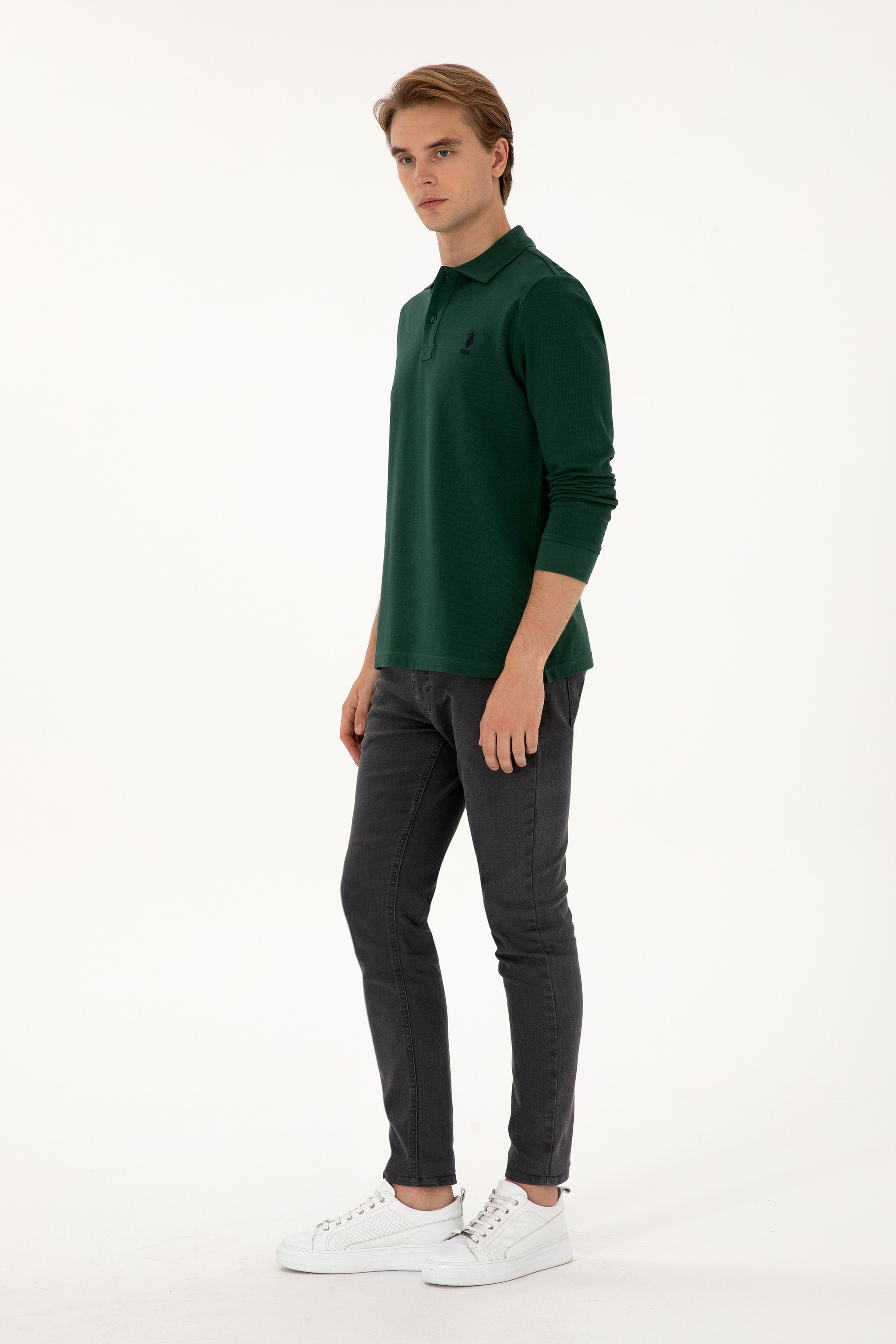Erkek Regular Fit Polo Yaka Koyu Yeşil Basic Sweatshirt - Image 4