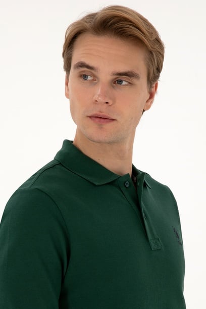 Erkek Regular Fit Polo Yaka Koyu Yeşil Basic Sweatshirt