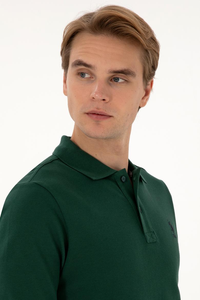 Erkek Regular Fit Polo Yaka Koyu Yeşil Basic Sweatshirt - 50307757127