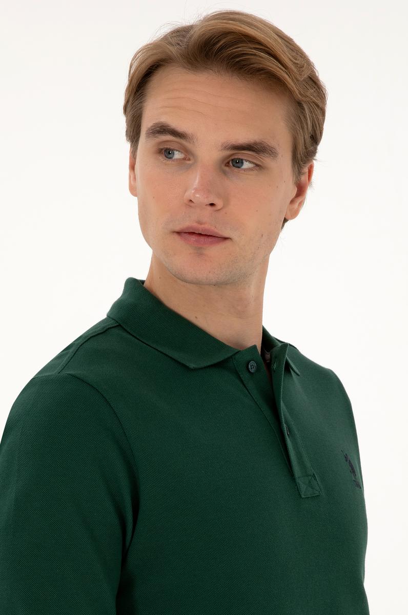Erkek Regular Fit Polo Yaka Koyu Yeşil Basic Sweatshirt