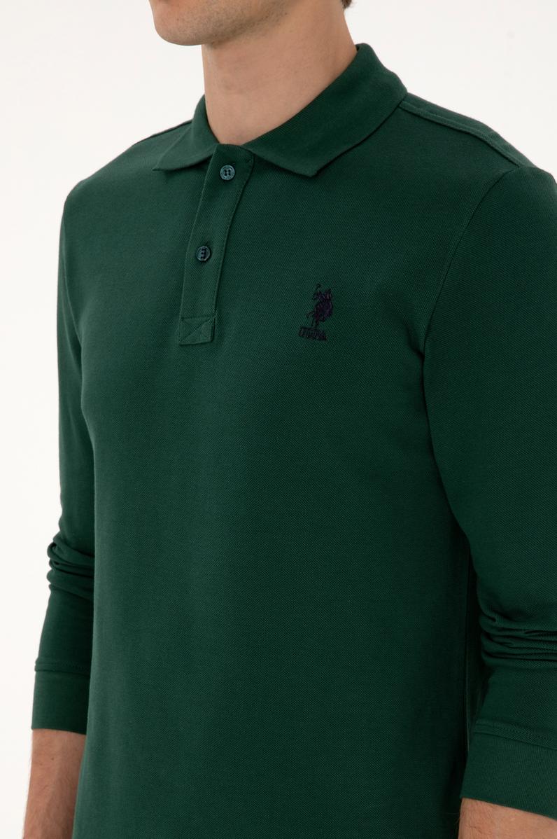 Erkek Regular Fit Polo Yaka Koyu Yeşil Basic Sweatshirt