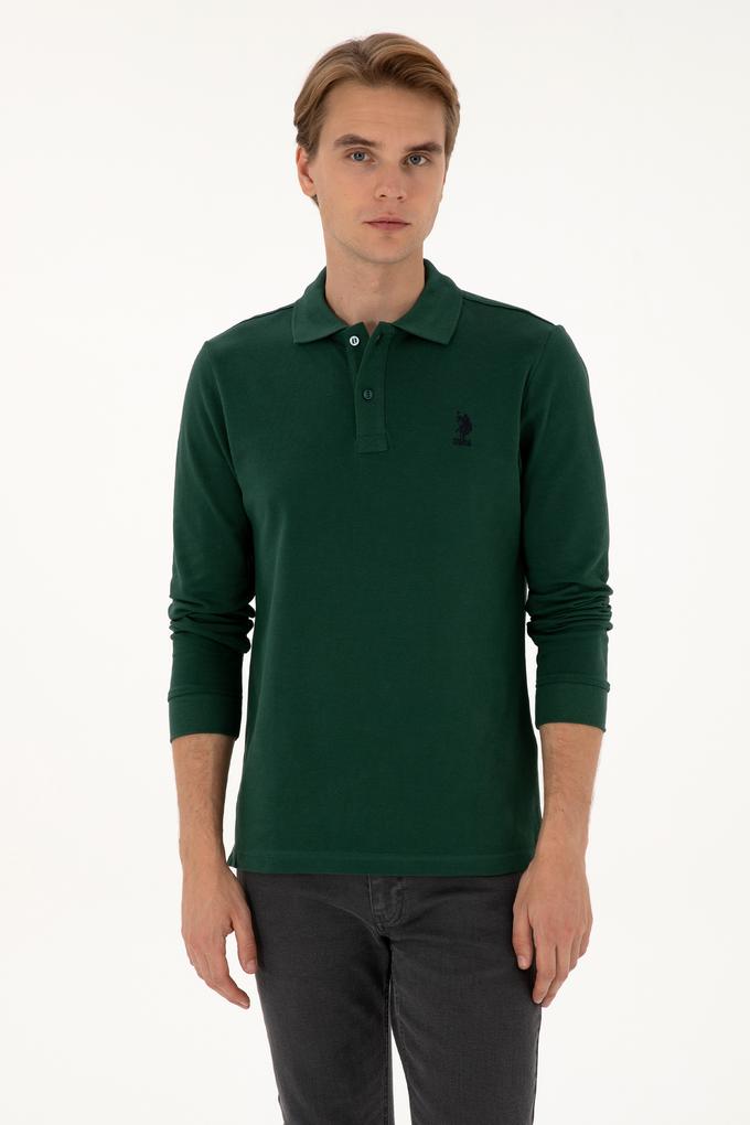 Erkek Regular Fit Polo Yaka Koyu Yeşil Basic Sweatshirt