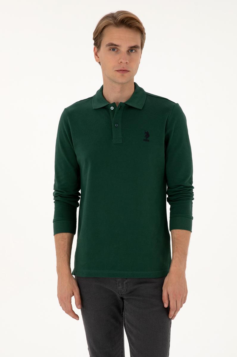 Erkek Regular Fit Polo Yaka Koyu Yeşil Basic Sweatshirt