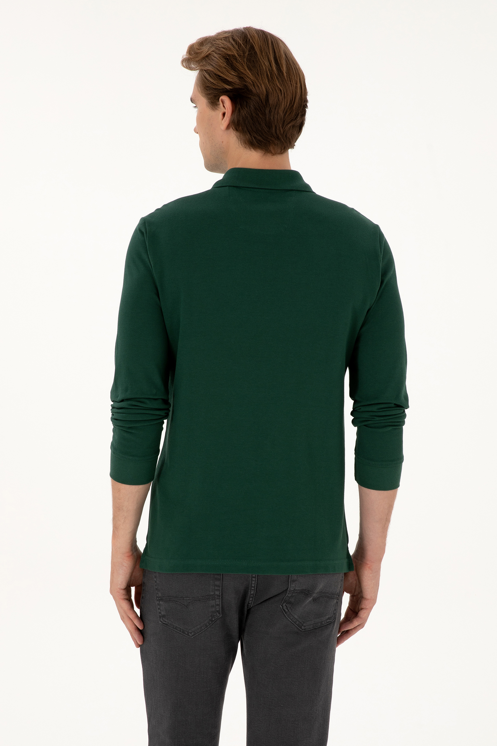 Erkek Regular Fit Polo Yaka Koyu Yeşil Basic Sweatshirt - Image 5