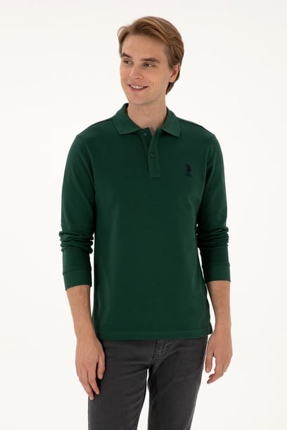 Erkek Regular Fit Polo Yaka Koyu Yeşil Basic Sweatshirt
