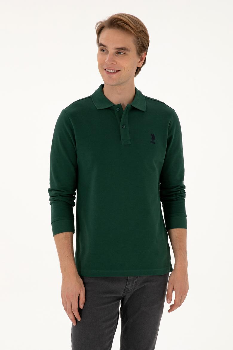Erkek Regular Fit Polo Yaka Koyu Yeşil Basic Sweatshirt - 50307757127