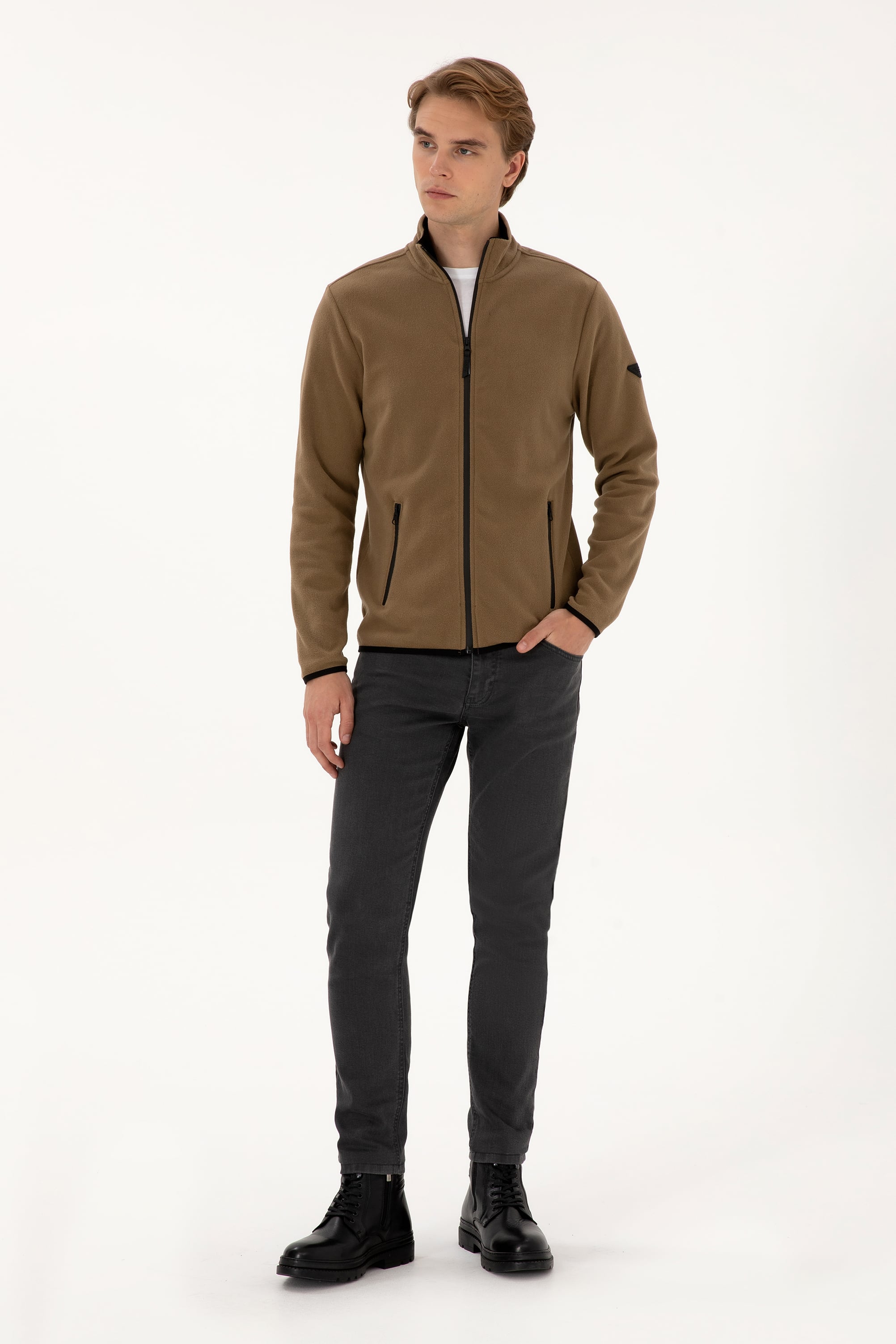 Erkek Regular Fit Haki Polar Örme Hırka